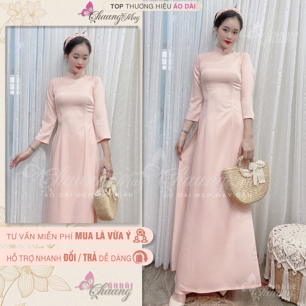 Áo dài màu trơn cổ vuông cao 2cm truyền thống Chaang may sẵn vải tây thi co giãn mặc dự tiệc lễ tết đám cưới hỏi đẹp 686