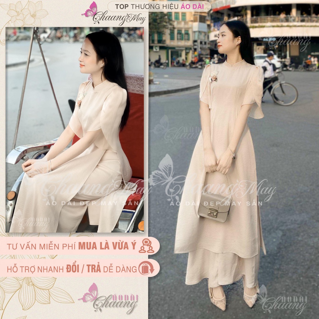 Áo dài cách tân nữ tay cánh hoa hồng Chaang may sẵn vải lụa dáng truyền thống dự tiệc cưới lễ tết đẹp ADC683
