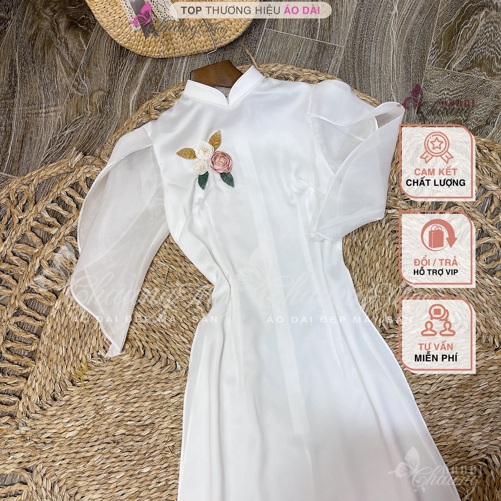 Áo dài cách tân nữ tay cánh hoa hồng Chaang may sẵn vải lụa dáng truyền thống dự tiệc cưới lễ tết đẹp ADC683