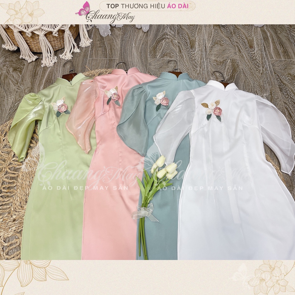 Áo dài cách tân nữ tay cánh hoa hồng Chaang may sẵn vải lụa dáng truyền thống dự tiệc cưới lễ tết đẹp ADC683