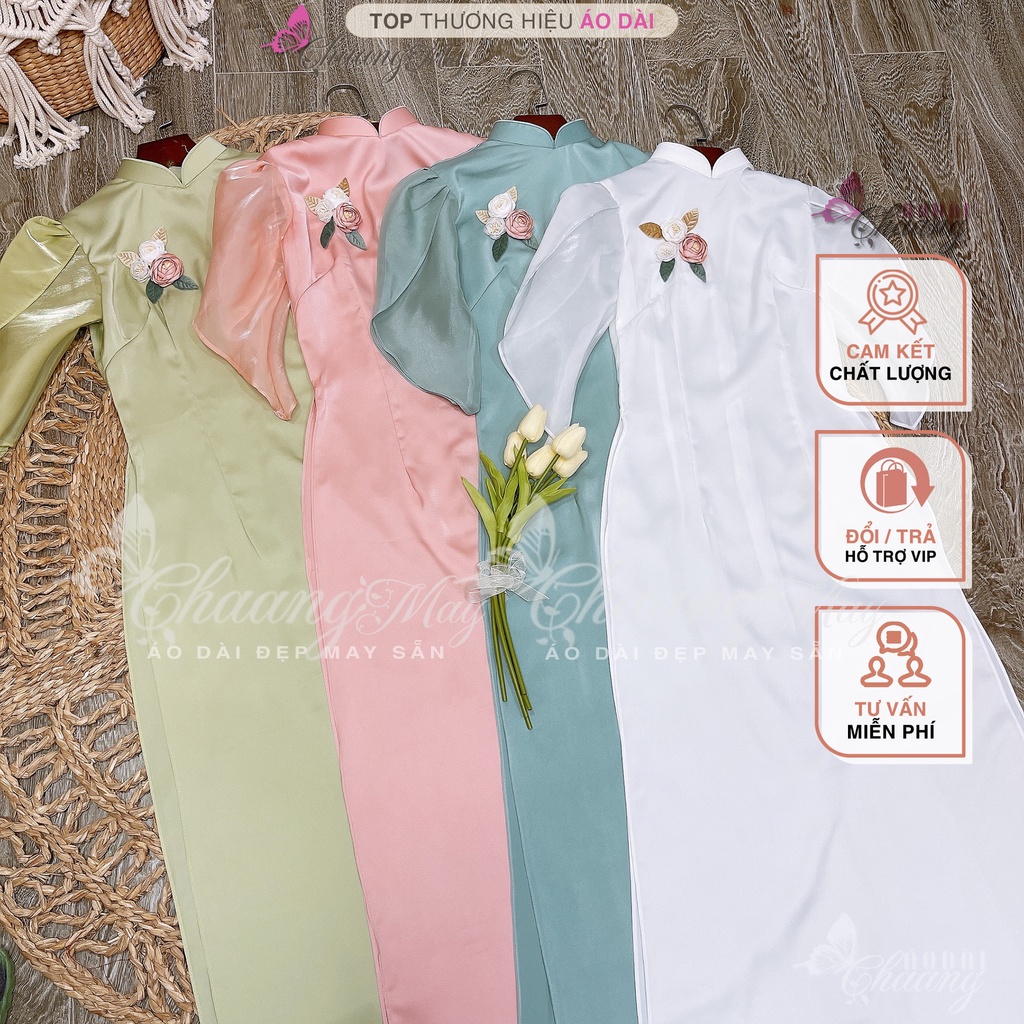 Áo dài cách tân nữ tay cánh hoa hồng Chaang may sẵn vải lụa dáng truyền thống dự tiệc cưới lễ tết đẹp ADC683
