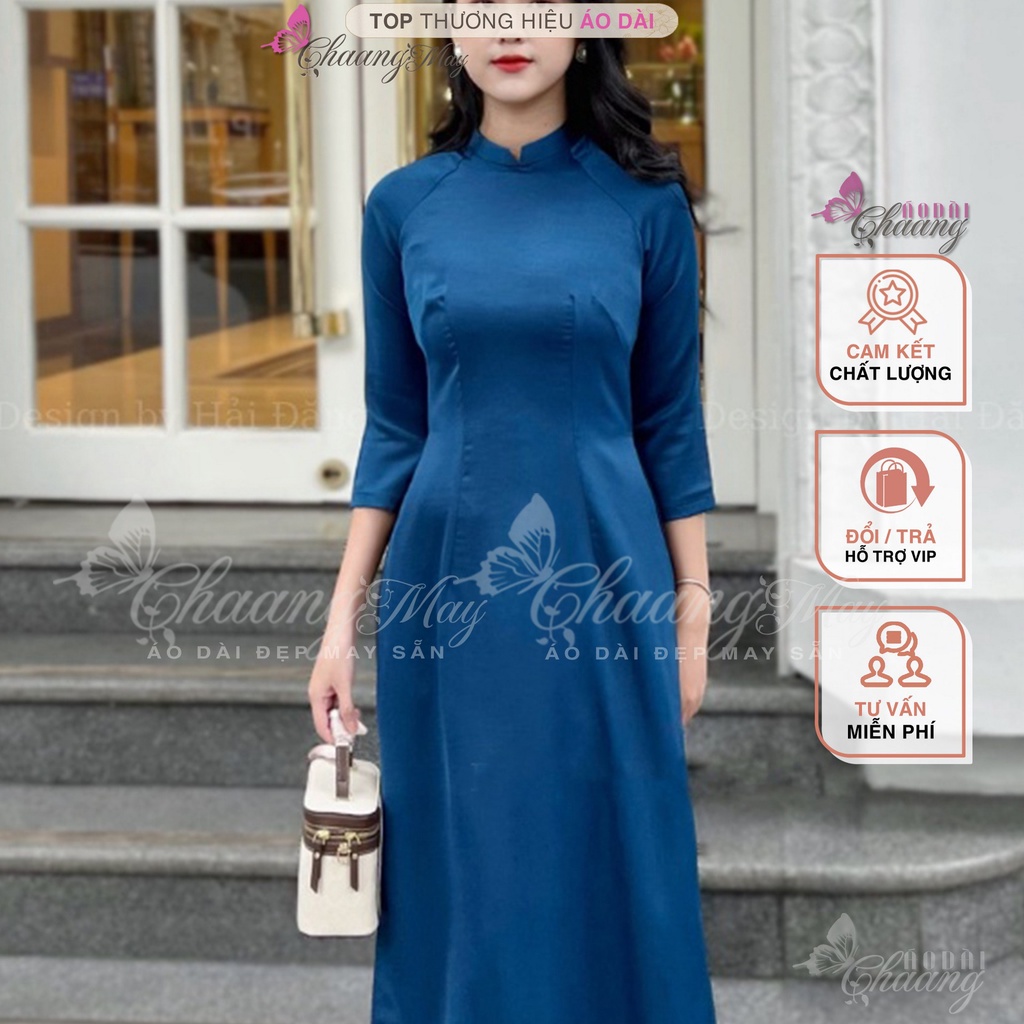 Áo dài màu trơn cổ vuông cao 2cm truyền thống Chaang may sẵn vải tây thi co giãn mặc dự tiệc lễ tết đám cưới hỏi đẹp 686