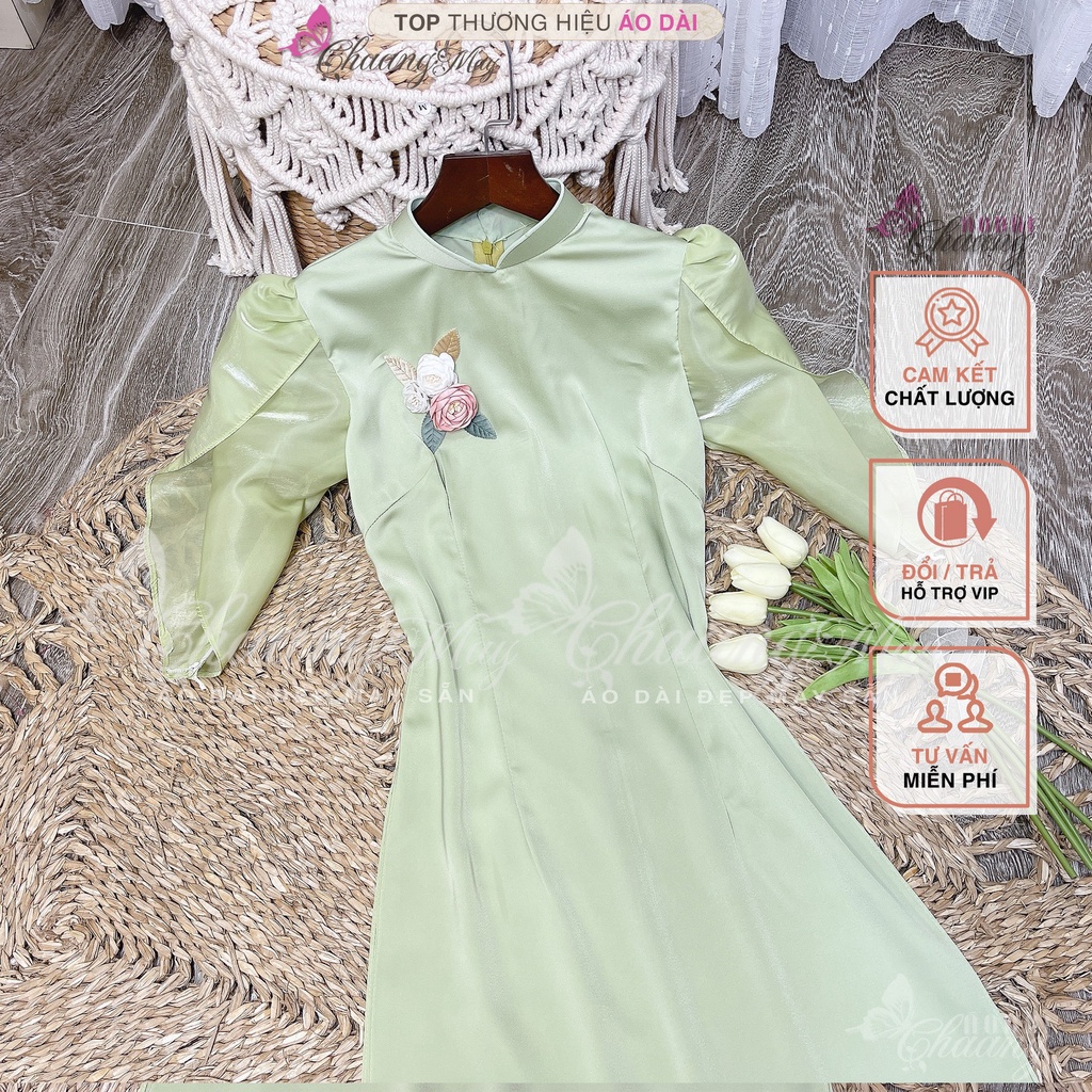 Áo dài cách tân nữ tay cánh hoa hồng Chaang may sẵn vải lụa dáng truyền thống dự tiệc cưới lễ tết đẹp ADC683