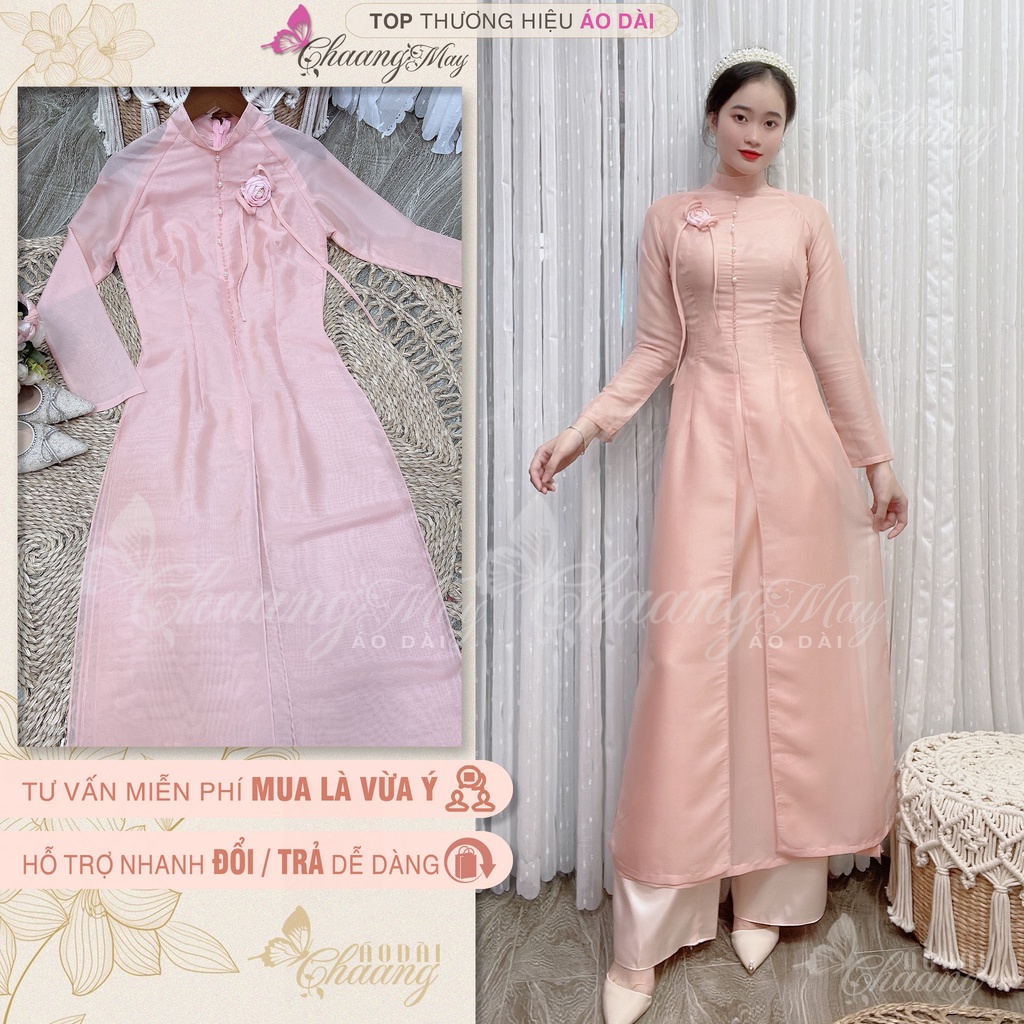 Áo dài cách tân nữ Tú Lệ hồng đỏ đô Chaang may sẵn lụa tơ xẻ 4 tà đính hoa nơ dự tiệc cưới lễ tết đẹp ADC687