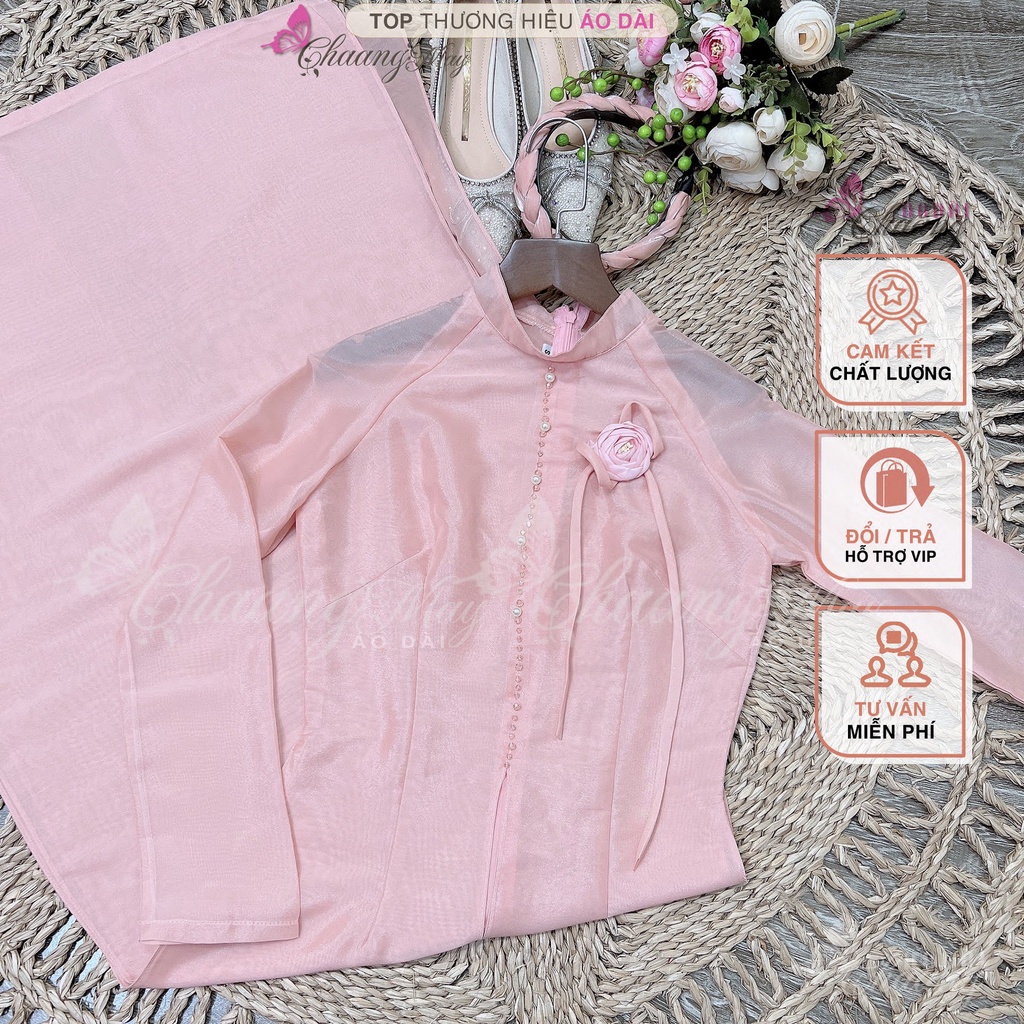Áo dài cách tân nữ Tú Lệ hồng đỏ đô Chaang may sẵn lụa tơ xẻ 4 tà đính hoa nơ dự tiệc cưới lễ tết đẹp ADC687