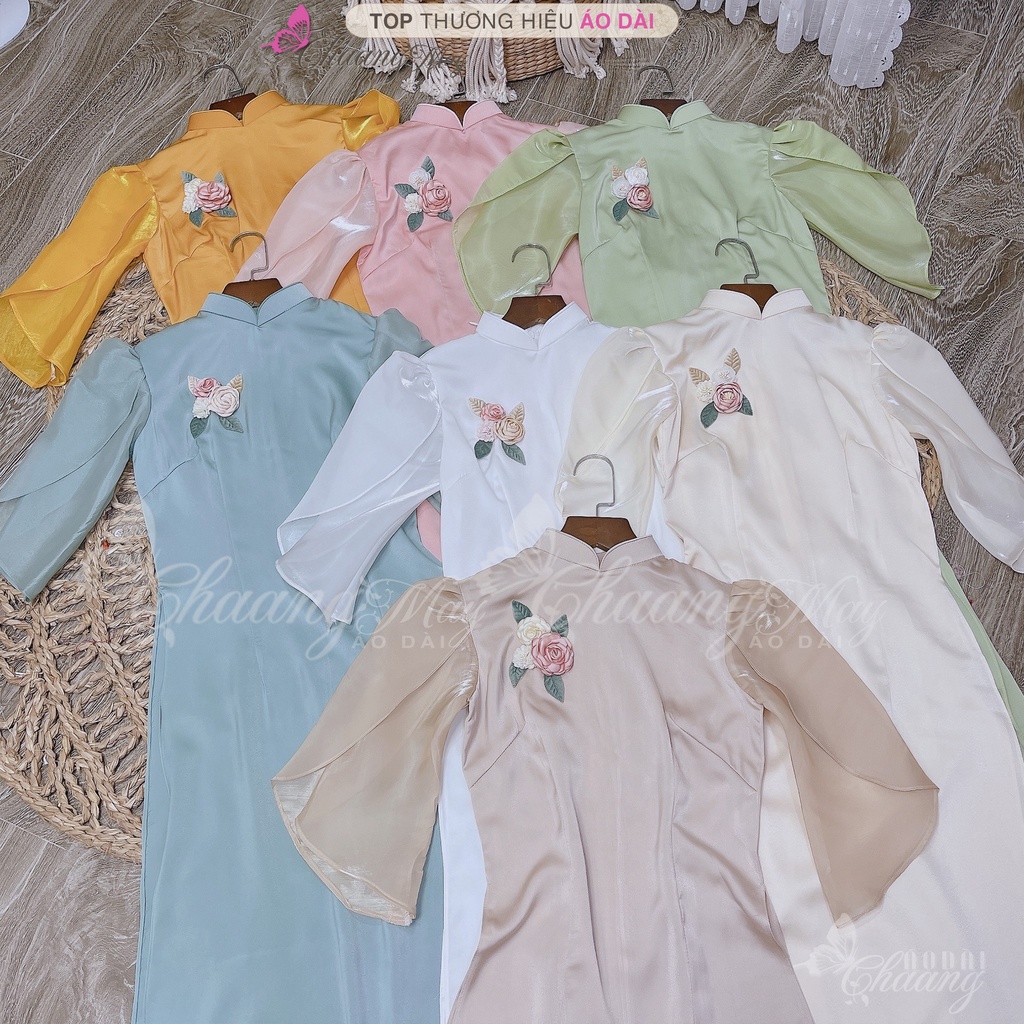 Áo dài cách tân nữ tay cánh hoa hồng Chaang may sẵn vải lụa dáng truyền thống dự tiệc cưới lễ tết đẹp ADC683