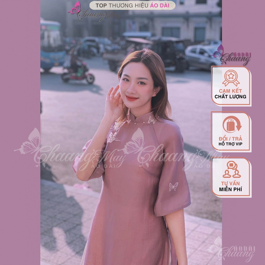 Áo dài cách tân nữ Hồ Điệp dáng suông xưa Chaang may sẵn lụa xuông xanh tím dự tiệc cưới hỏi hội nghị lễ tết đẹp ADC701