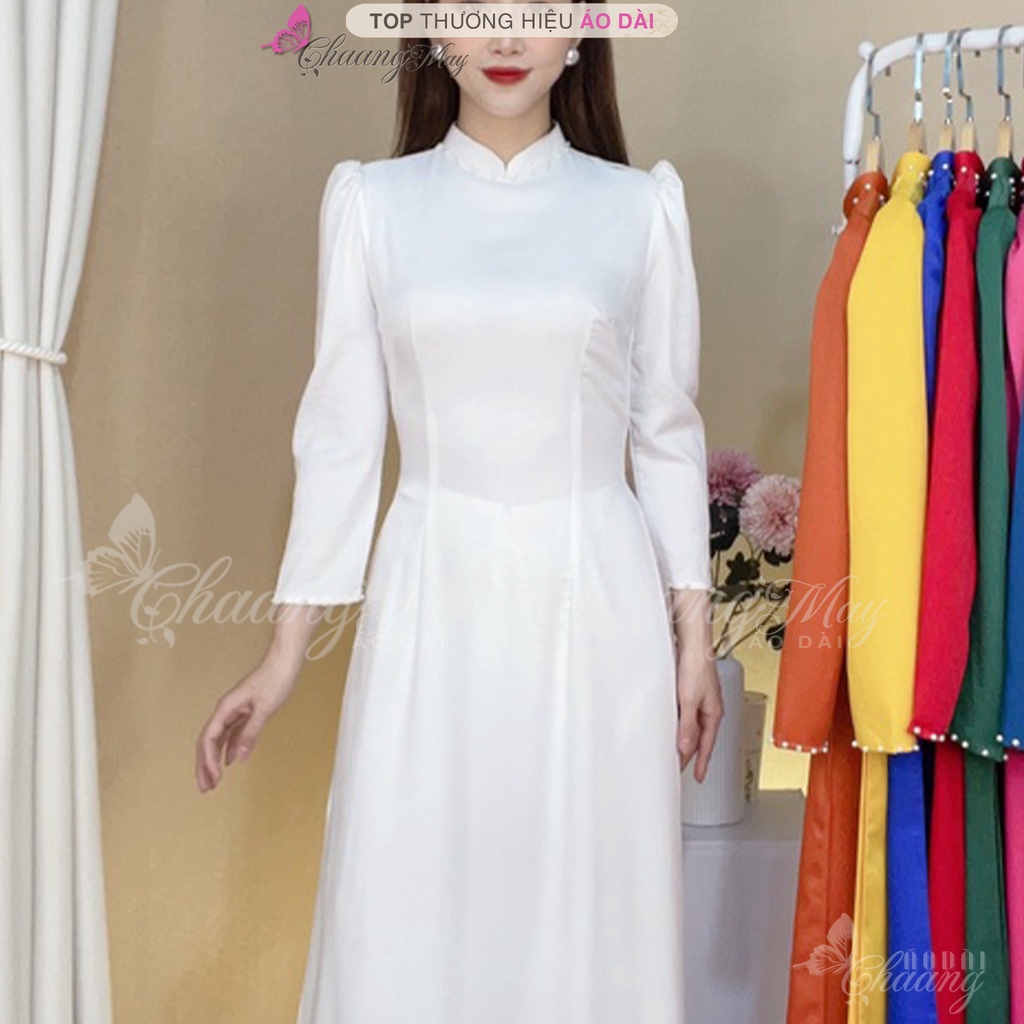 Áo dài truyền thống tay vai bồng lỡ cách tân Chaang may sẵn vải lụa đính ngọc học sinh đi học dự tiệc lễ tết đẹp ADC699