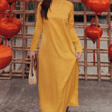 Áo dài Tết cách tân nữ dáng xuông CHAANG may sẵn lụa suông Xanh Đỏ Đô Cam Vàng chụp hình dự tiệc đẹp ADC716