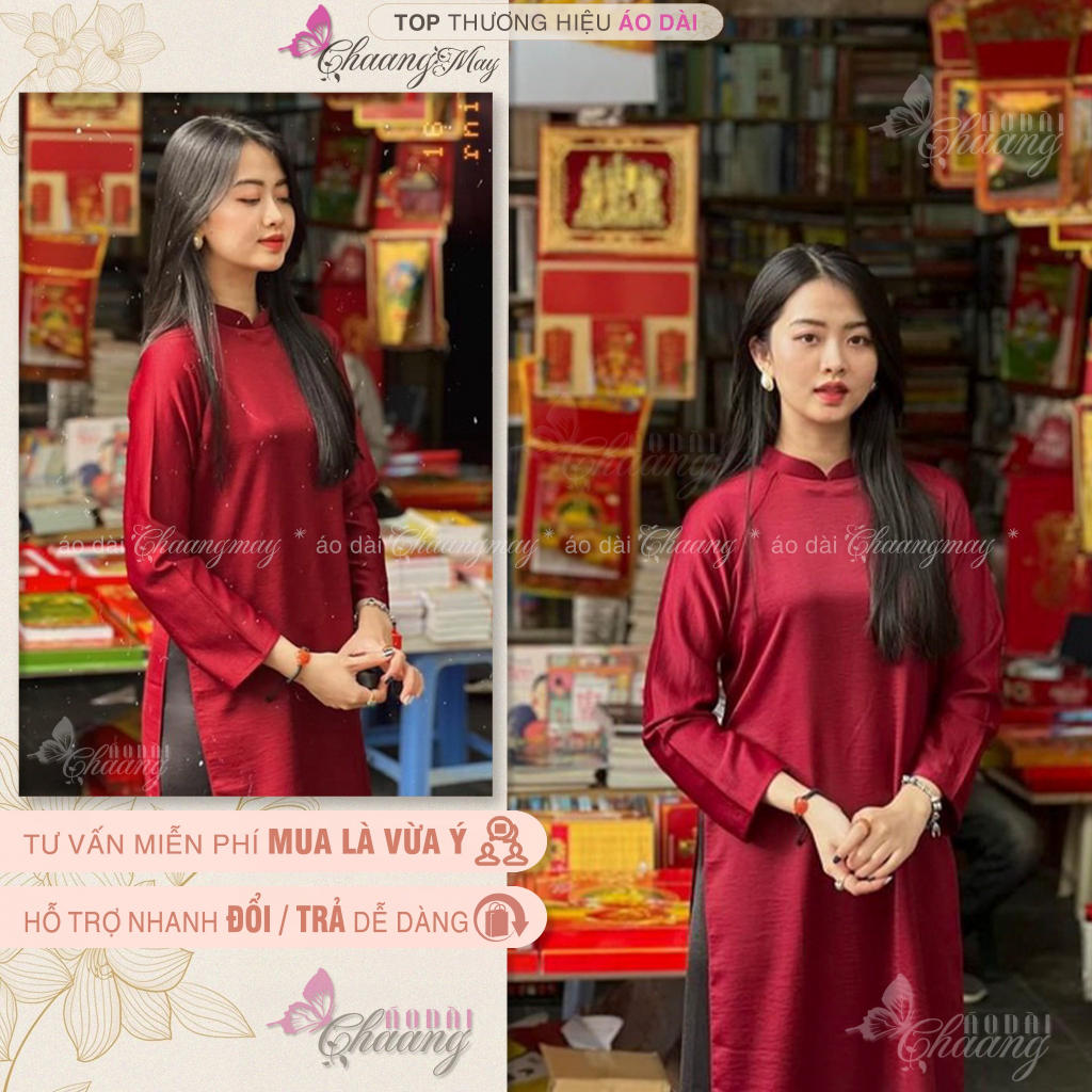 Áo dài Tết cách tân nữ dáng xuông CHAANG may sẵn lụa suông Xanh Đỏ Đô Cam Vàng chụp hình dự tiệc đẹp ADC716