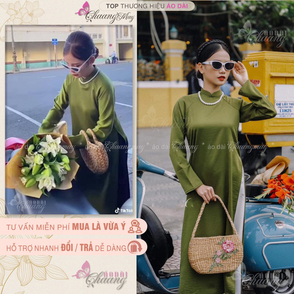 Áo dài Tết cách tân nữ dáng xuông CHAANG may sẵn lụa suông Xanh Đỏ Đô Cam Vàng chụp hình dự tiệc đẹp ADC716