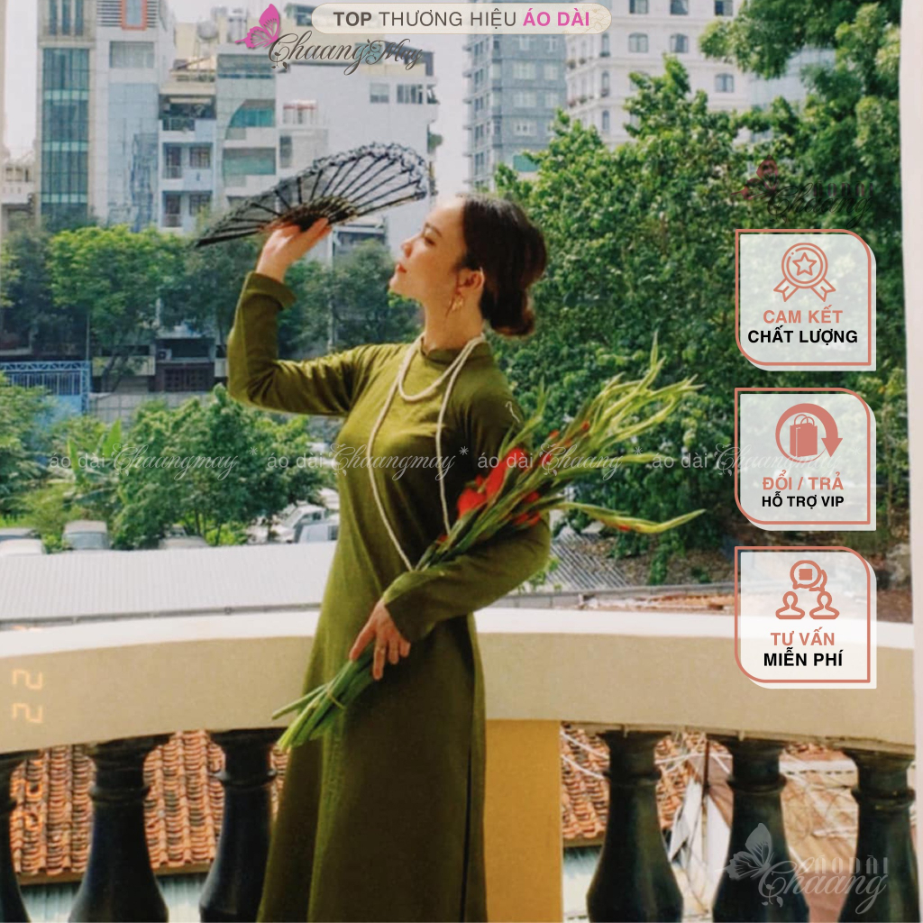 Áo dài Tết cách tân nữ dáng xuông CHAANG may sẵn lụa suông Xanh Đỏ Đô Cam Vàng chụp hình dự tiệc đẹp ADC716