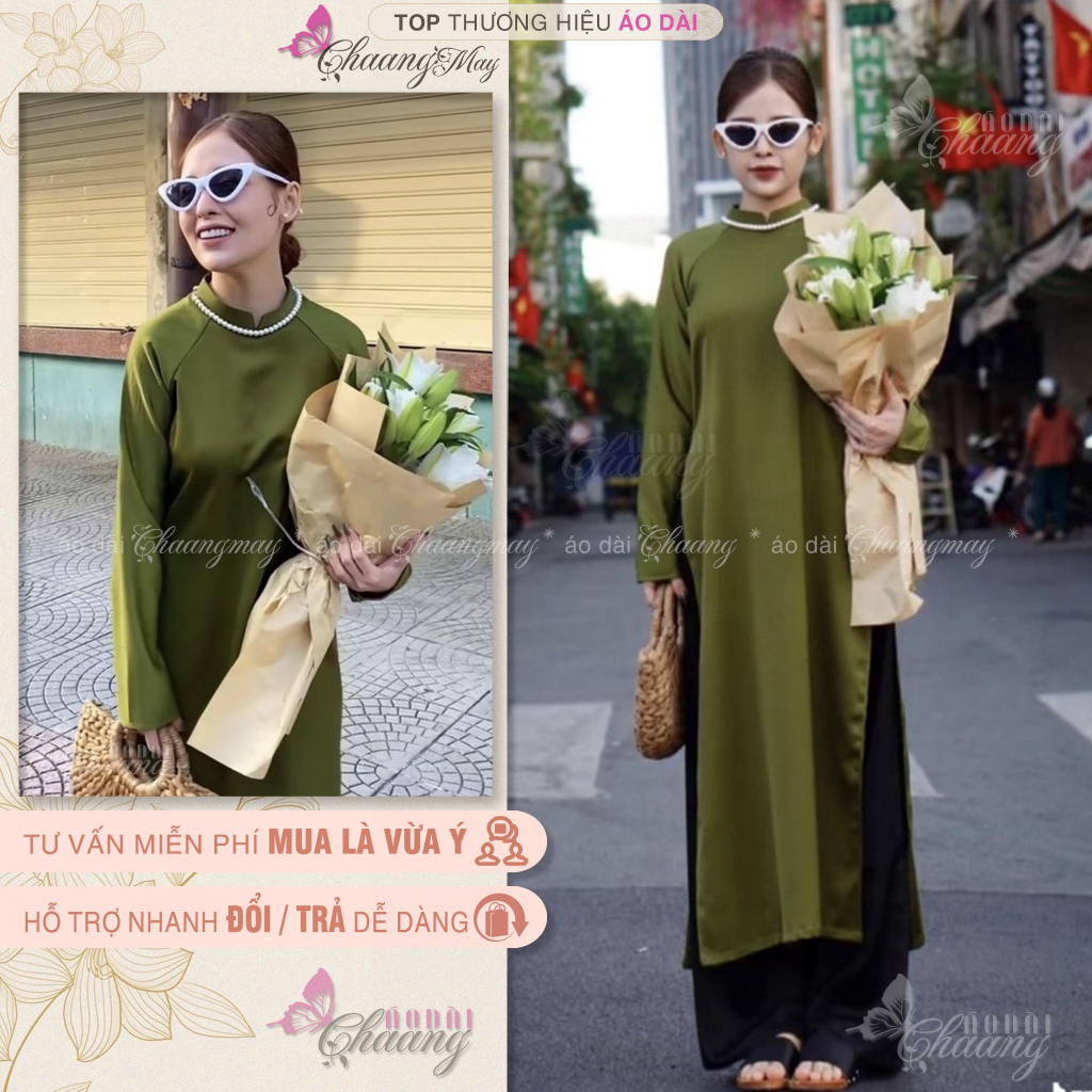 Áo dài Tết cách tân nữ dáng xuông CHAANG may sẵn lụa suông Xanh Đỏ Đô Cam Vàng chụp hình dự tiệc đẹp ADC716