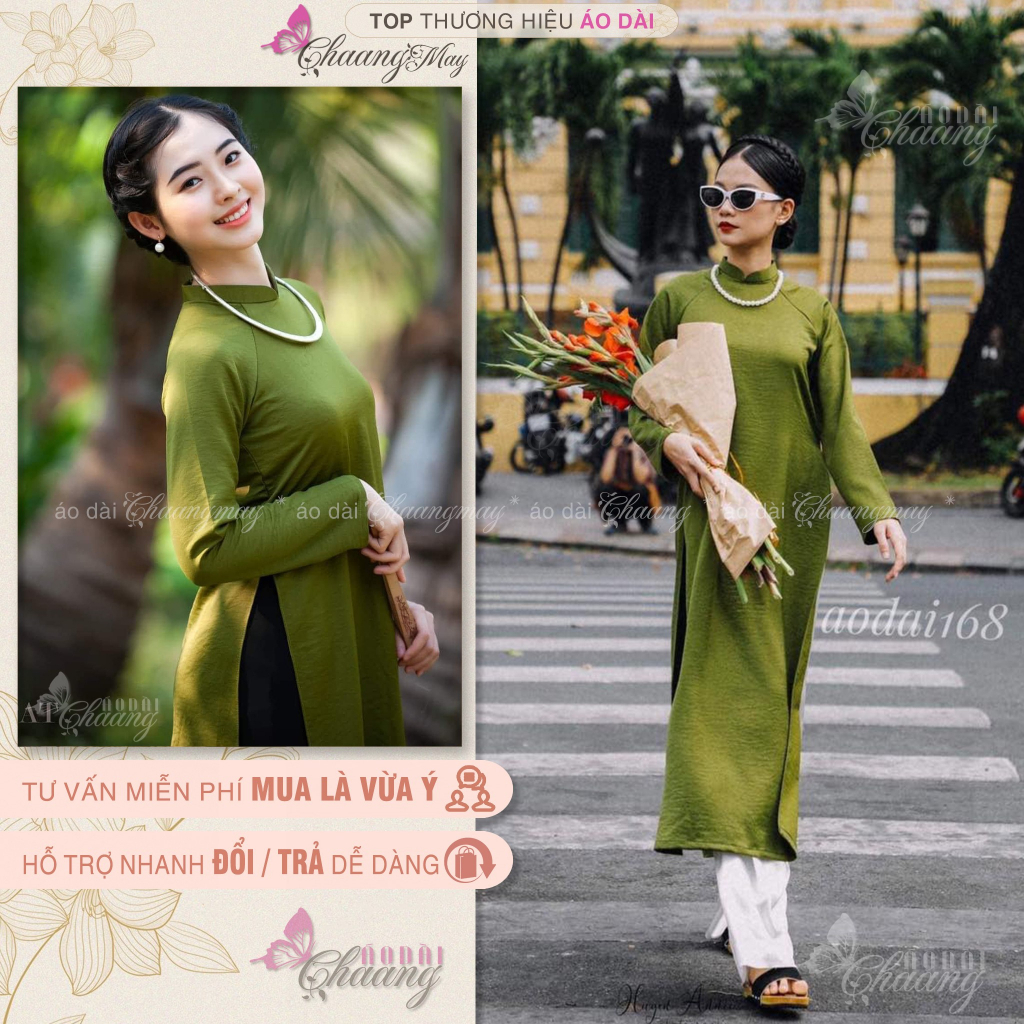 Áo dài Tết cách tân nữ dáng xuông CHAANG may sẵn lụa suông Xanh Đỏ Đô Cam Vàng chụp hình dự tiệc đẹp ADC716
