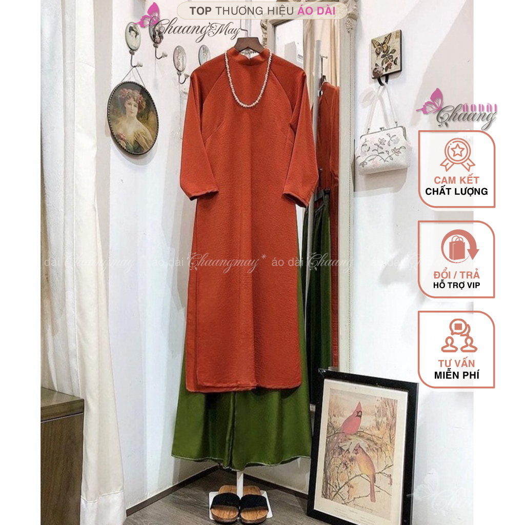 Áo dài Tết cách tân nữ dáng xuông CHAANG may sẵn lụa suông Xanh Đỏ Đô Cam Vàng chụp hình dự tiệc đẹp ADC716