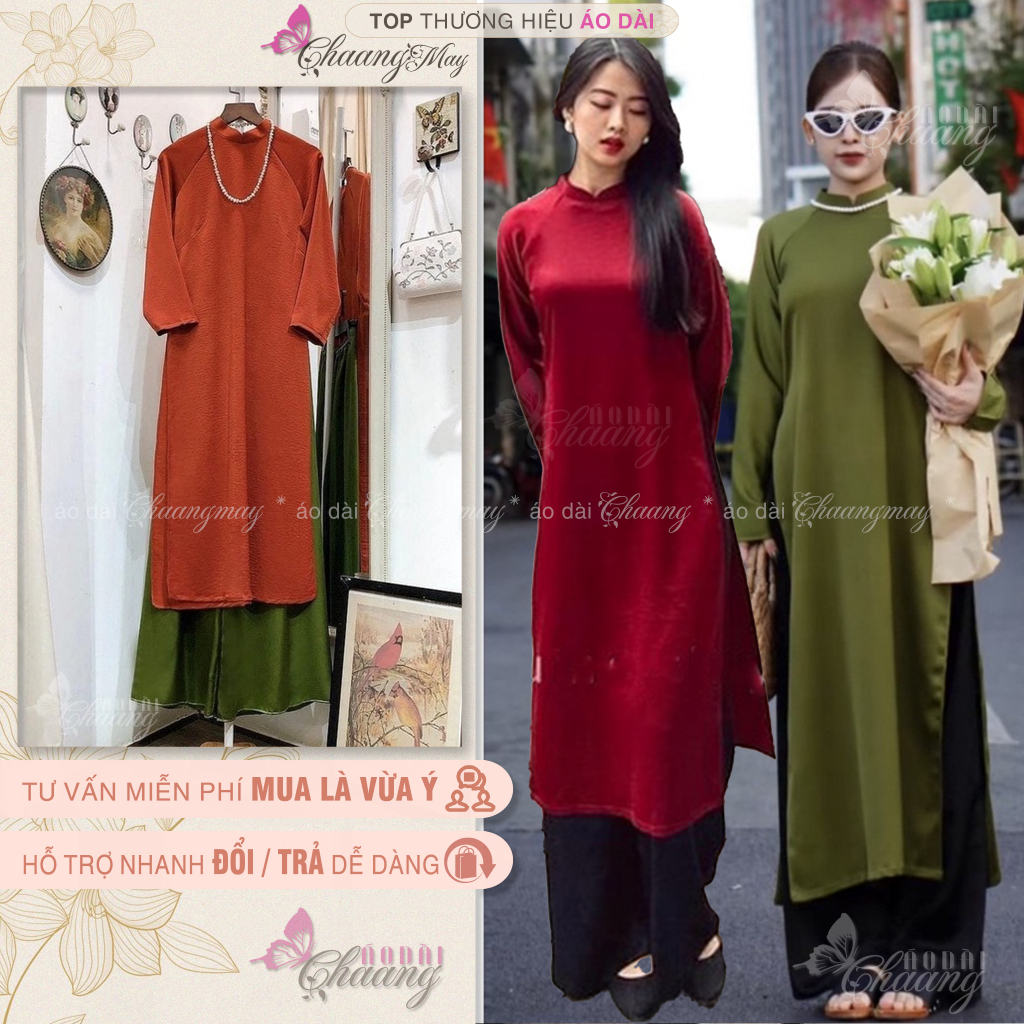 Áo dài Tết cách tân nữ dáng xuông CHAANG may sẵn lụa suông Xanh Đỏ Đô Cam Vàng chụp hình dự tiệc đẹp ADC716