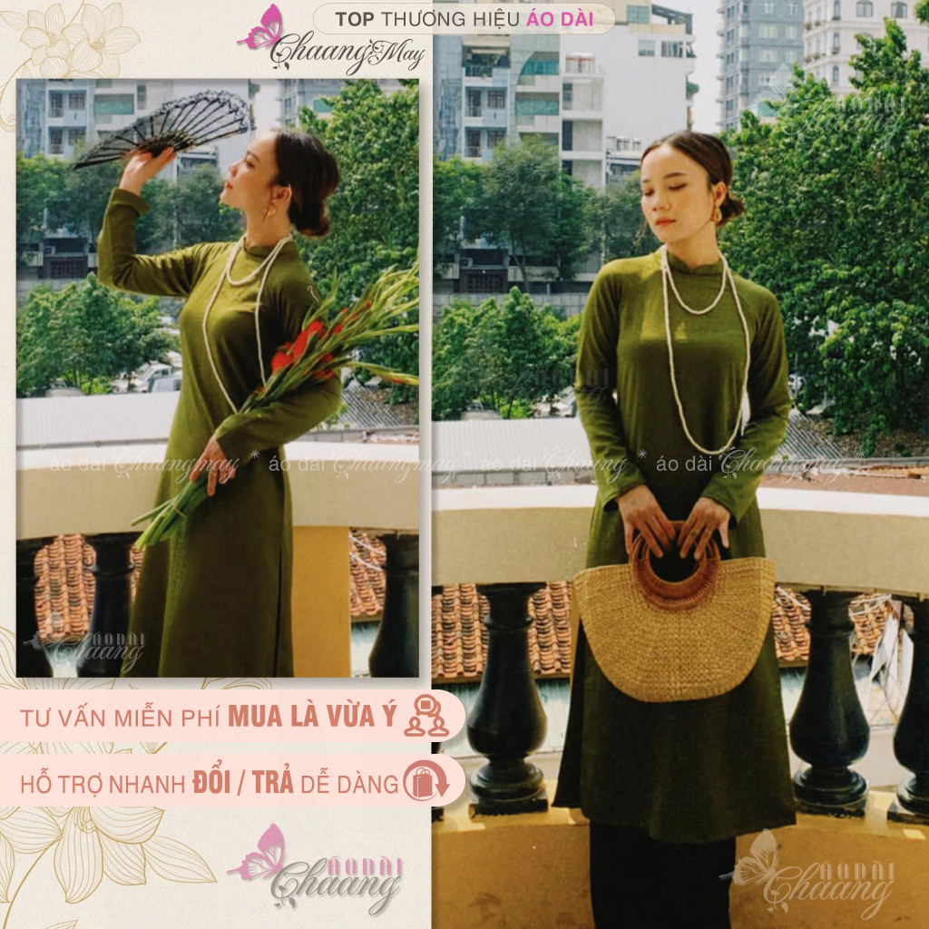 Áo dài Tết cách tân nữ dáng xuông CHAANG may sẵn lụa suông Xanh Đỏ Đô Cam Vàng chụp hình dự tiệc đẹp ADC716