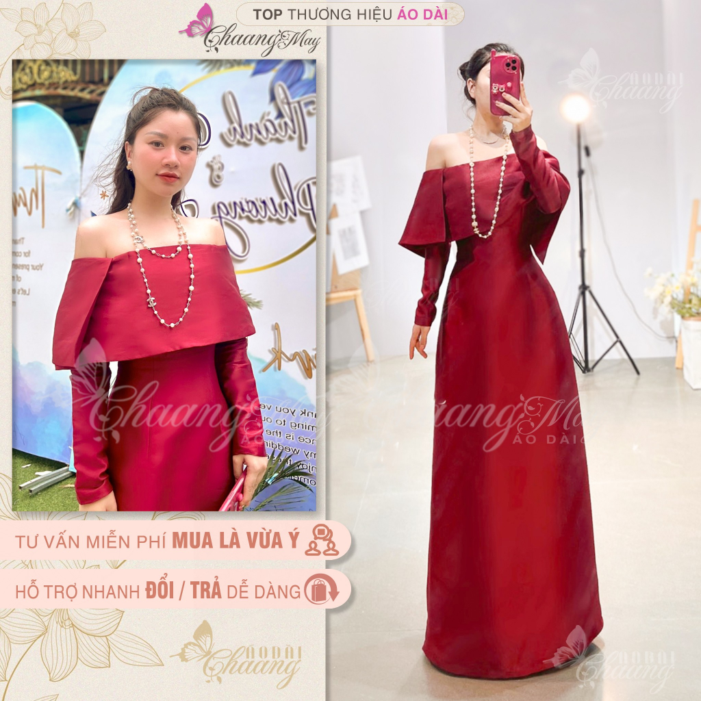 Áo dài đỏ trễ vai Nhã Kỳ cách tân nữ truyền thống Chaang may sẵn đầm cô dâu dự tiệc cưới lễ tết đẹp ADC705