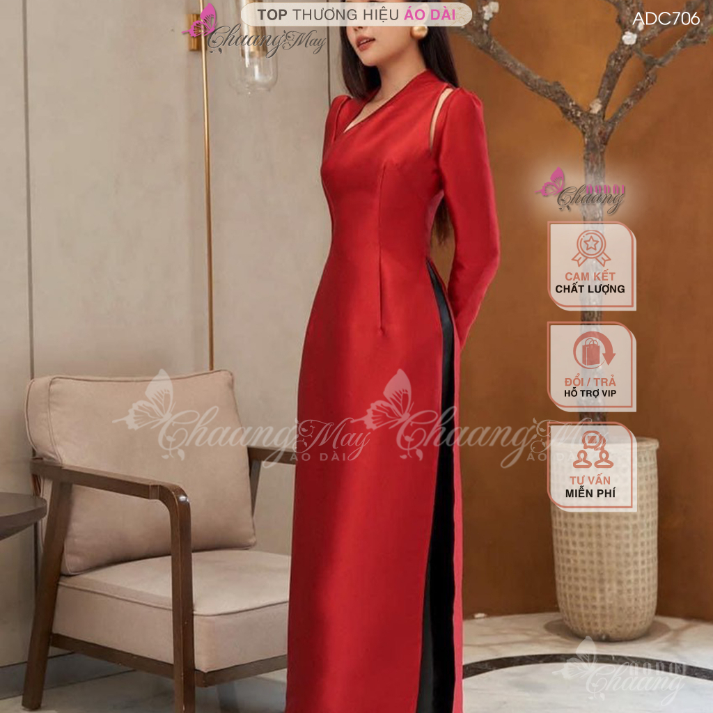 Áo dài cách tân nữ truyền thống vai xẻ Chaang may sẵn áo dài cô dâu dự tiệc cưới lễ tết đẹp ADC706