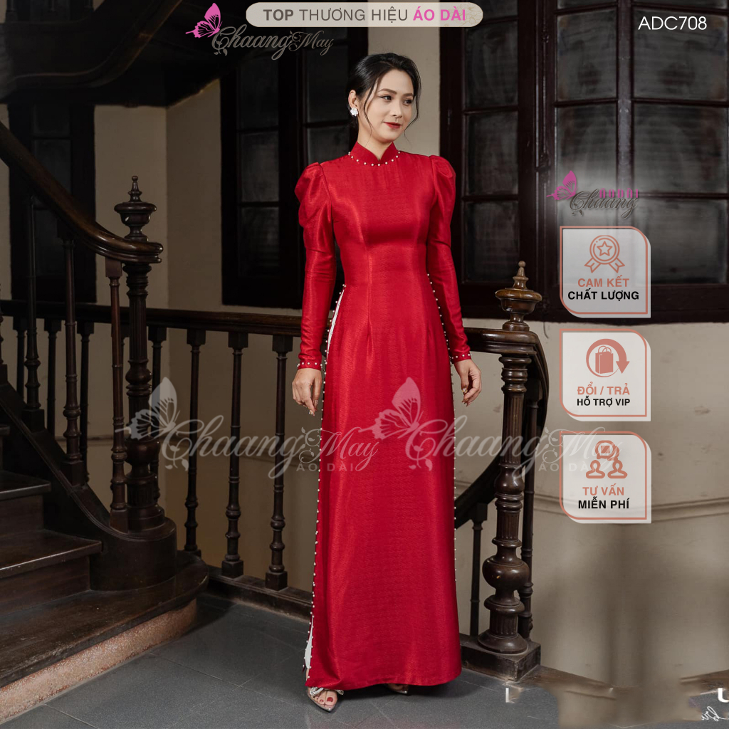 Áo dài cưới cô dâu tay vai bồng Chaang may sẵn áo dài lụa vân đỏ đính ngọc dự tiệc ăn hỏi lễ tết đẹp ADC710