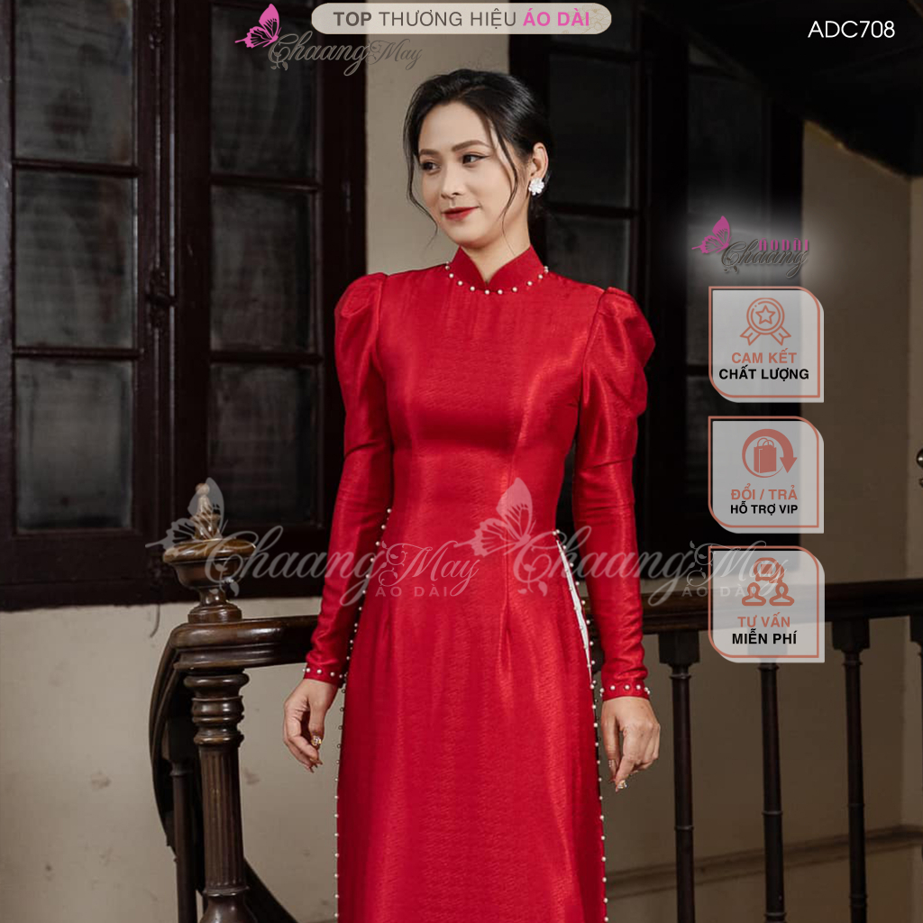 Áo dài cưới cô dâu tay vai bồng Chaang may sẵn áo dài lụa vân đỏ đính ngọc dự tiệc ăn hỏi lễ tết đẹp ADC710
