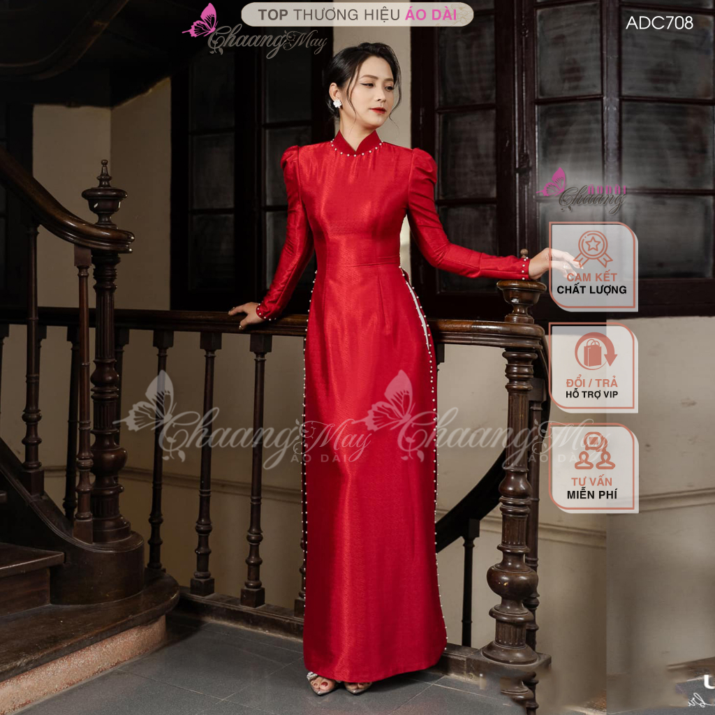 Áo dài cưới cô dâu tay vai bồng Chaang may sẵn áo dài lụa vân đỏ đính ngọc dự tiệc ăn hỏi lễ tết đẹp ADC710