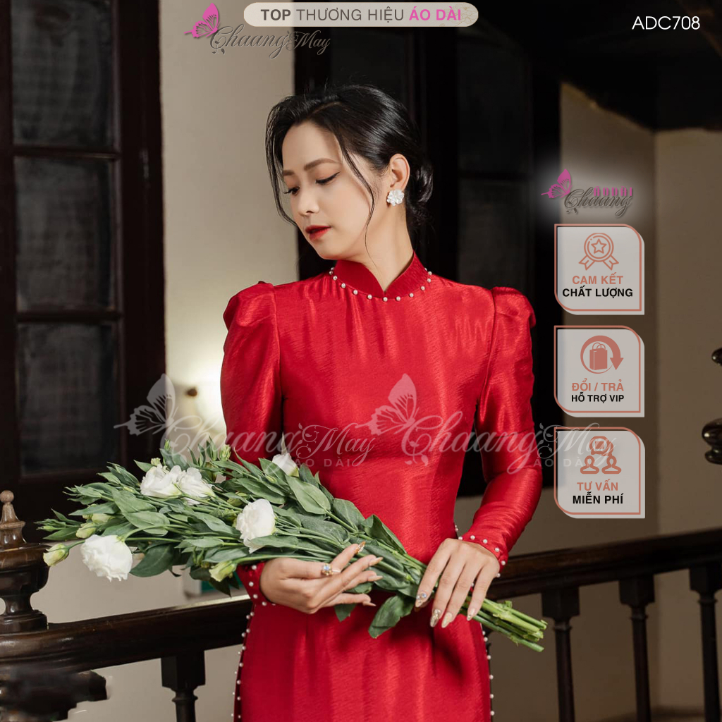 Áo dài cưới cô dâu tay vai bồng Chaang may sẵn áo dài lụa vân đỏ đính ngọc dự tiệc ăn hỏi lễ tết đẹp ADC710