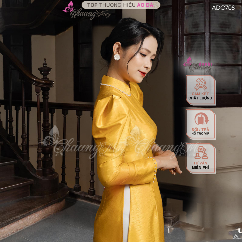 Áo dài cưới cô dâu tay vai bồng Chaang may sẵn áo dài lụa vân đỏ đính ngọc dự tiệc ăn hỏi lễ tết đẹp ADC710