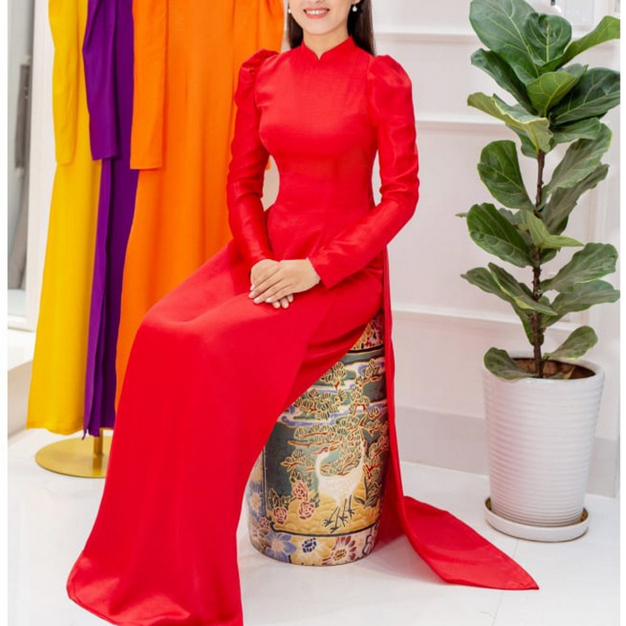 Áo dài cưới cô dâu tay vai bồng Chaang may sẵn áo dài lụa vân đỏ đính ngọc dự tiệc ăn hỏi lễ tết đẹp ADC710