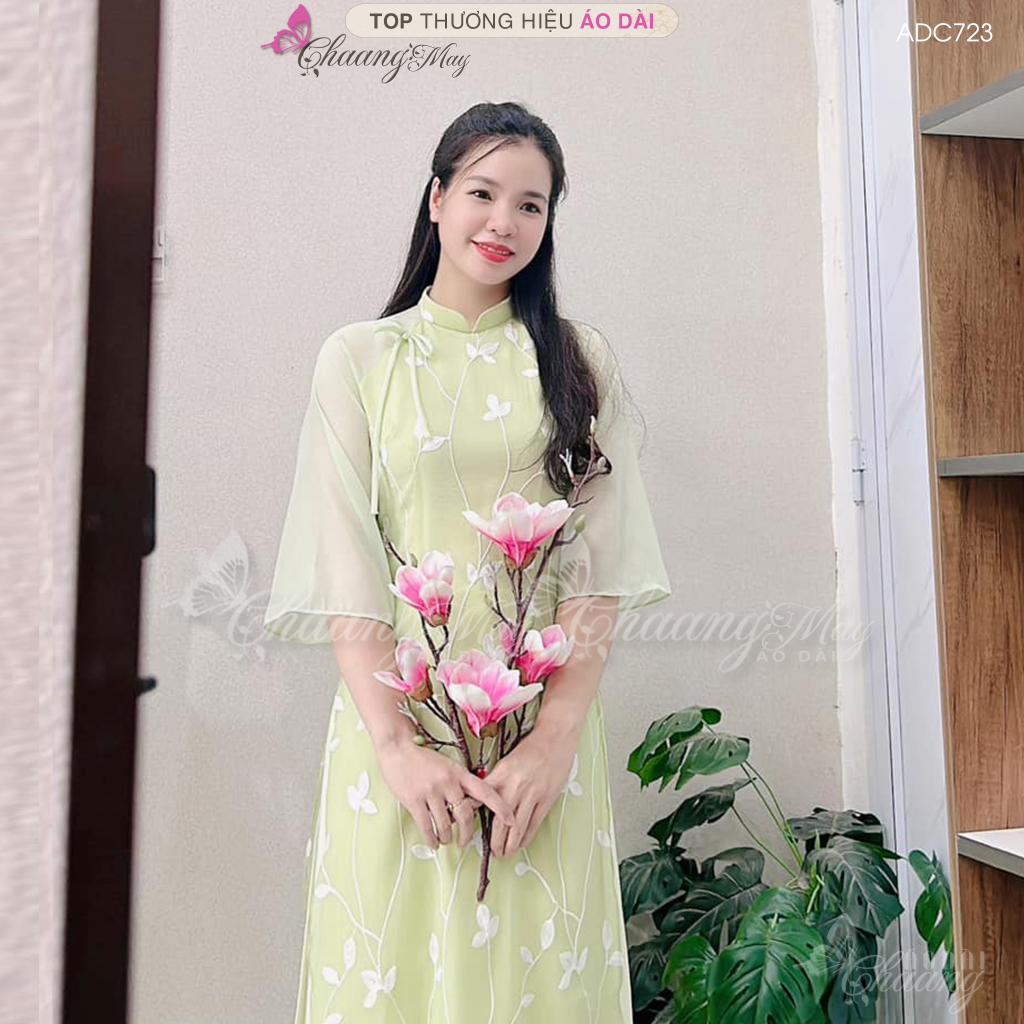 Áo dài An Vy thêu hoa nhí cách tân nữ Chaang may sẵn áo dài 4 tà Tô Anh lụa tơ hồng kem dự tiệc lễ tết đẹp ADC723