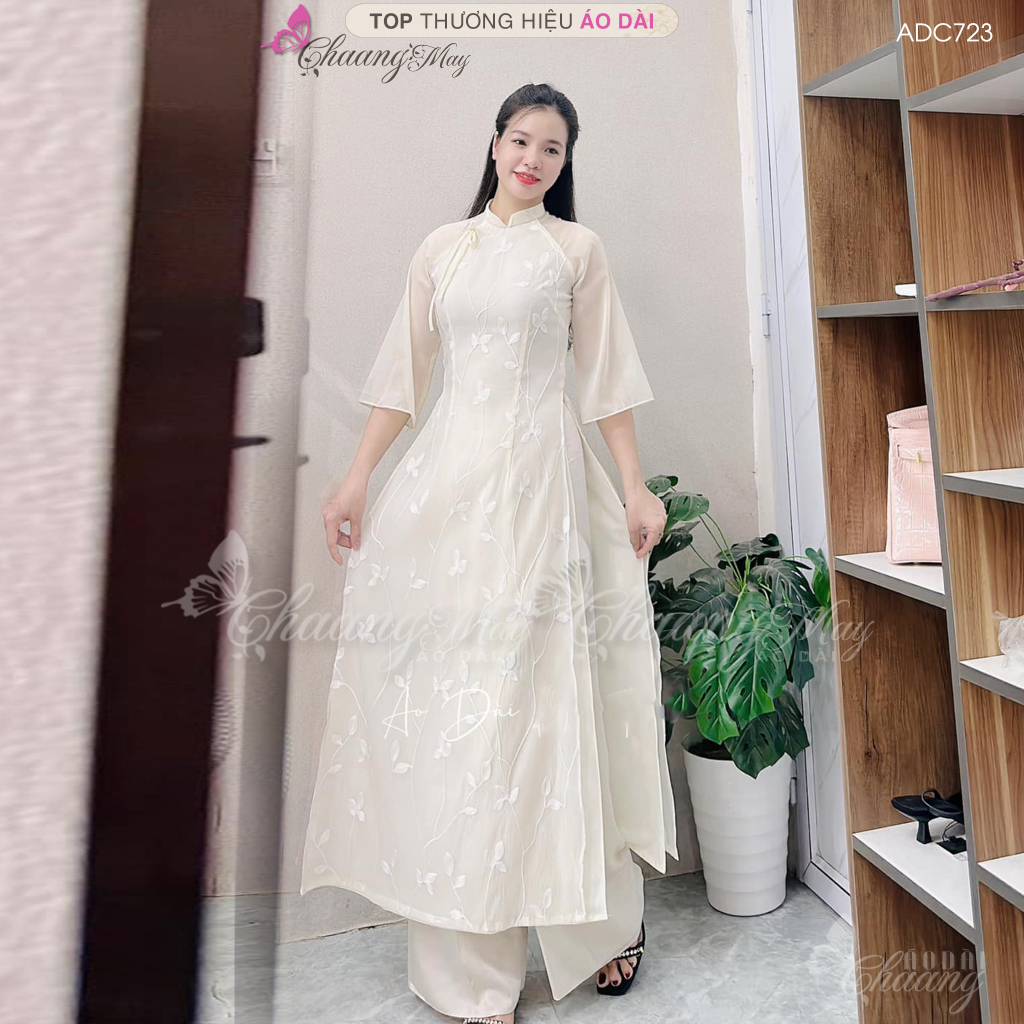 Áo dài An Vy thêu hoa nhí cách tân nữ Chaang may sẵn áo dài 4 tà Tô Anh lụa tơ hồng kem dự tiệc lễ tết đẹp ADC723