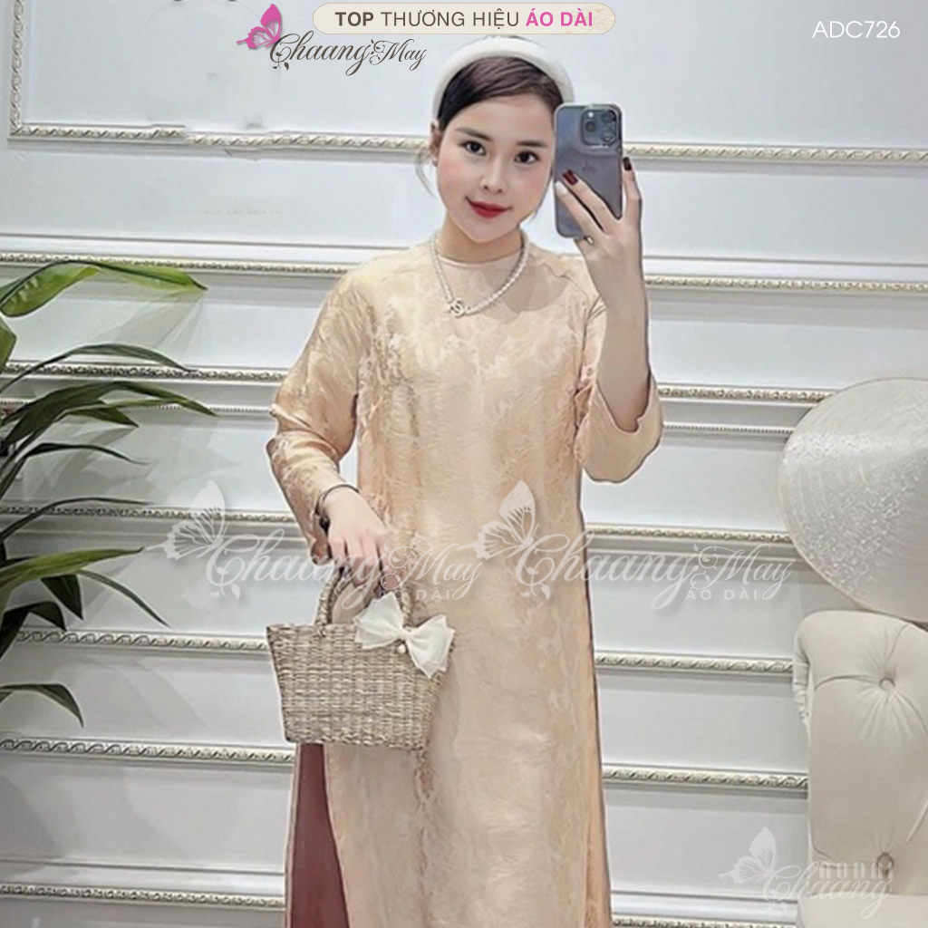 Áo dài gấm cách tân nữ cổ tròn dáng suông xưa Chaang may sẵn áo dài xuông bầu dễ mặc dự tiệc cưới hỏi lễ tết đẹp ADC756