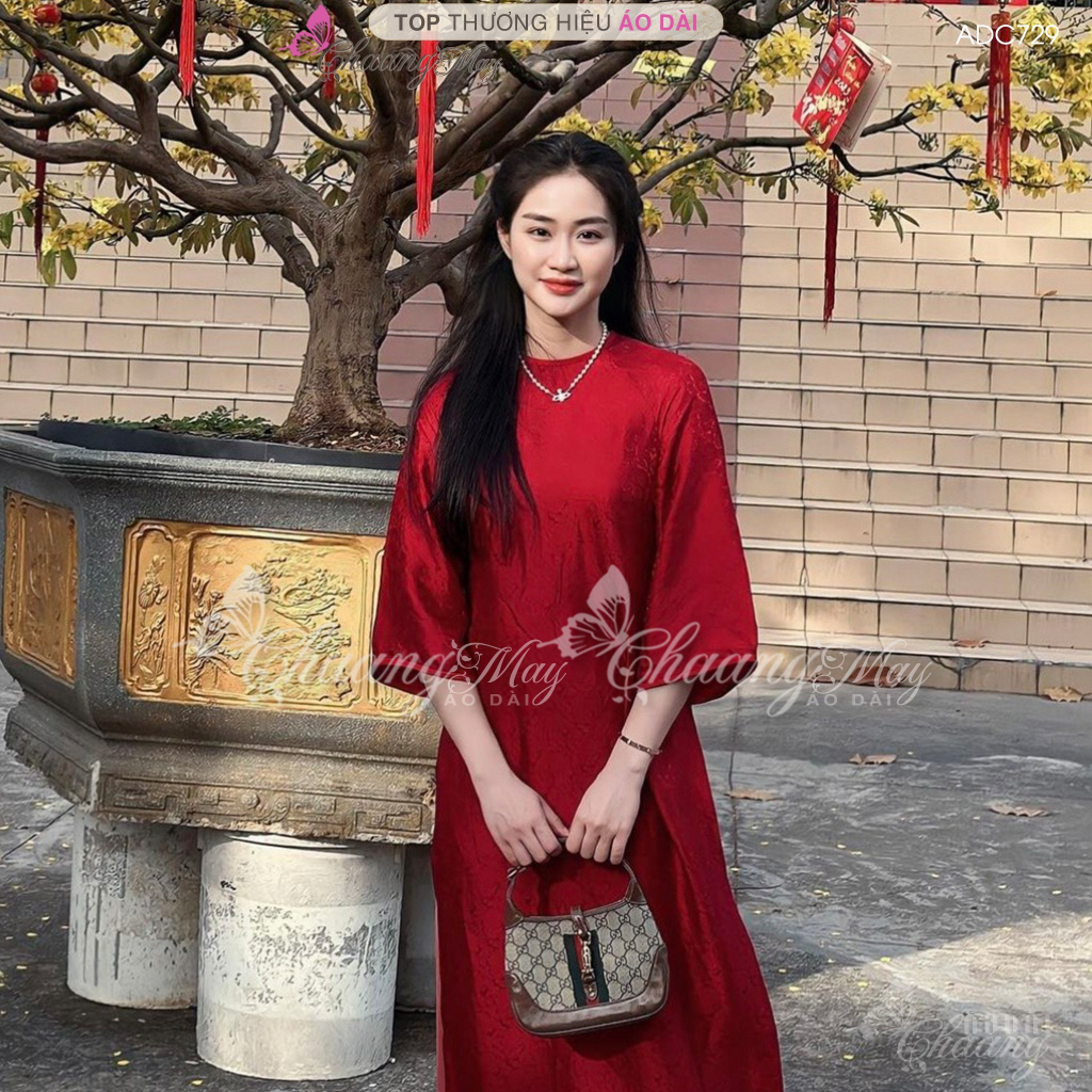 Áo dài gấm cách tân nữ cổ tròn dáng suông xưa Chaang may sẵn áo dài xuông bầu dễ mặc dự tiệc cưới hỏi lễ tết đẹp ADC756
