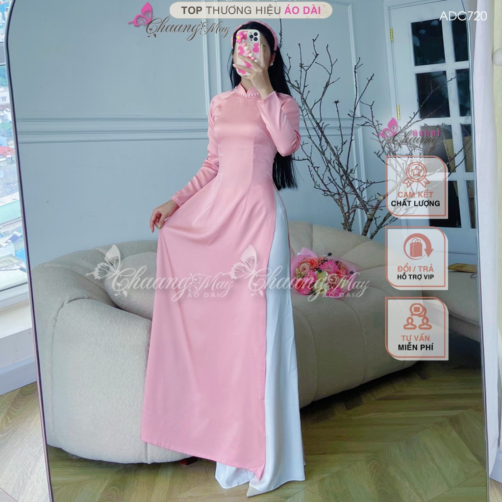 Áo dài hồng dâu pastel truyền thống Chaang may sẵn vải áo dài lụa đính cổ ngọc dự tiệc cưới hỏi lễ tết đẹp ADC720