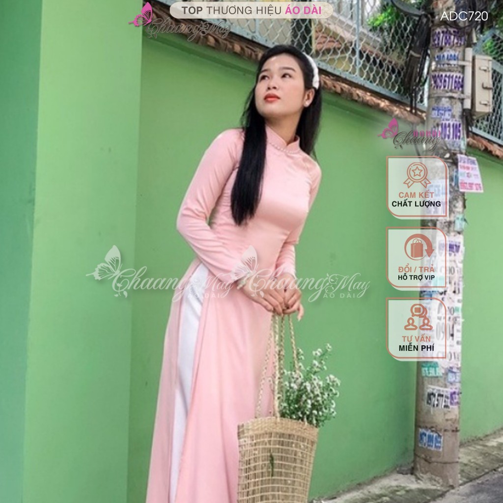 Áo dài hồng dâu pastel truyền thống Chaang may sẵn vải áo dài lụa đính cổ ngọc dự tiệc cưới hỏi lễ tết đẹp ADC720