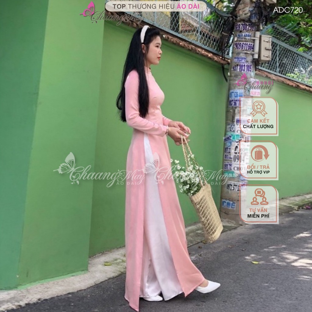 Áo dài hồng dâu pastel truyền thống Chaang may sẵn vải áo dài lụa đính cổ ngọc dự tiệc cưới hỏi lễ tết đẹp ADC720