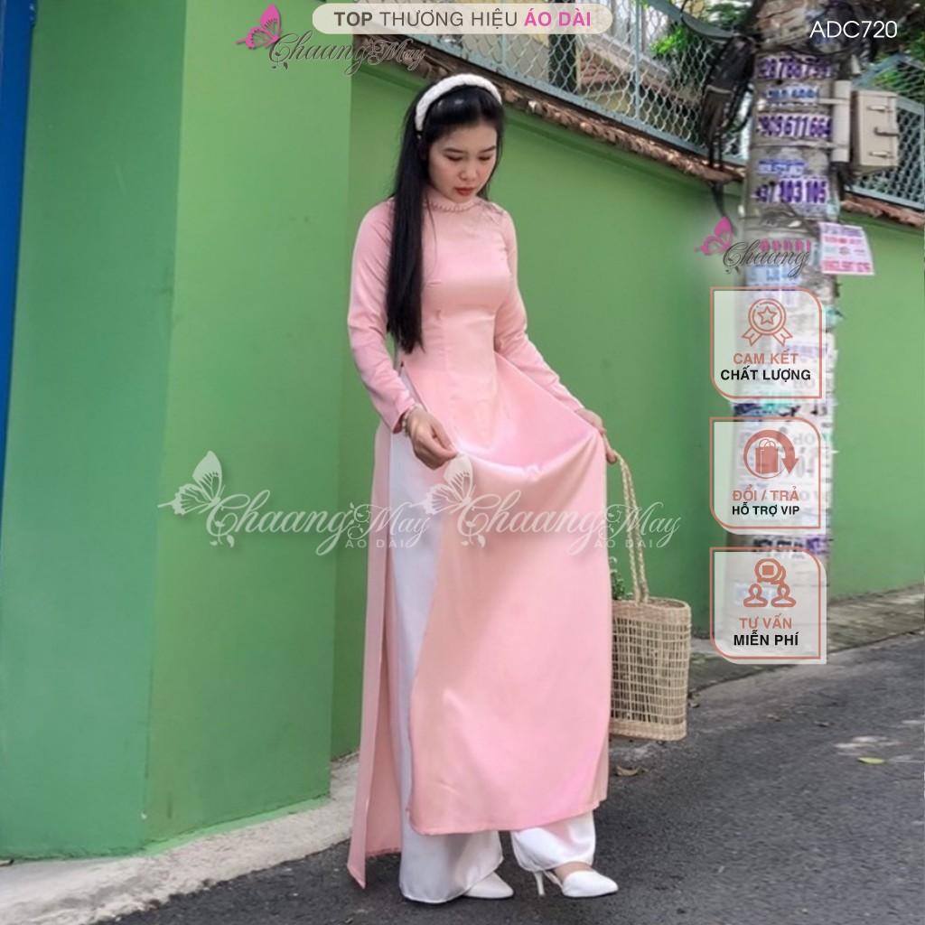 Áo dài hồng dâu pastel truyền thống Chaang may sẵn vải áo dài lụa đính cổ ngọc dự tiệc cưới hỏi lễ tết đẹp ADC720