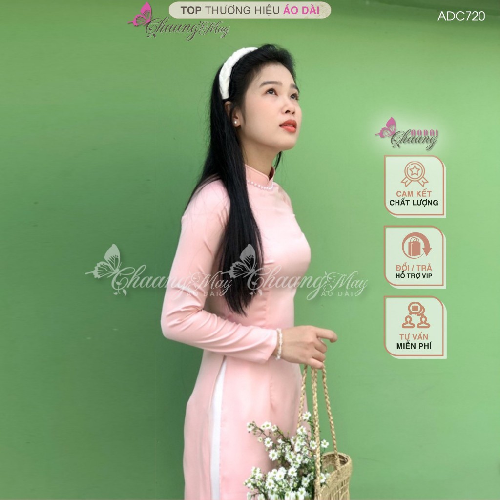 Áo dài hồng dâu pastel truyền thống Chaang may sẵn vải áo dài lụa đính cổ ngọc dự tiệc cưới hỏi lễ tết đẹp ADC720