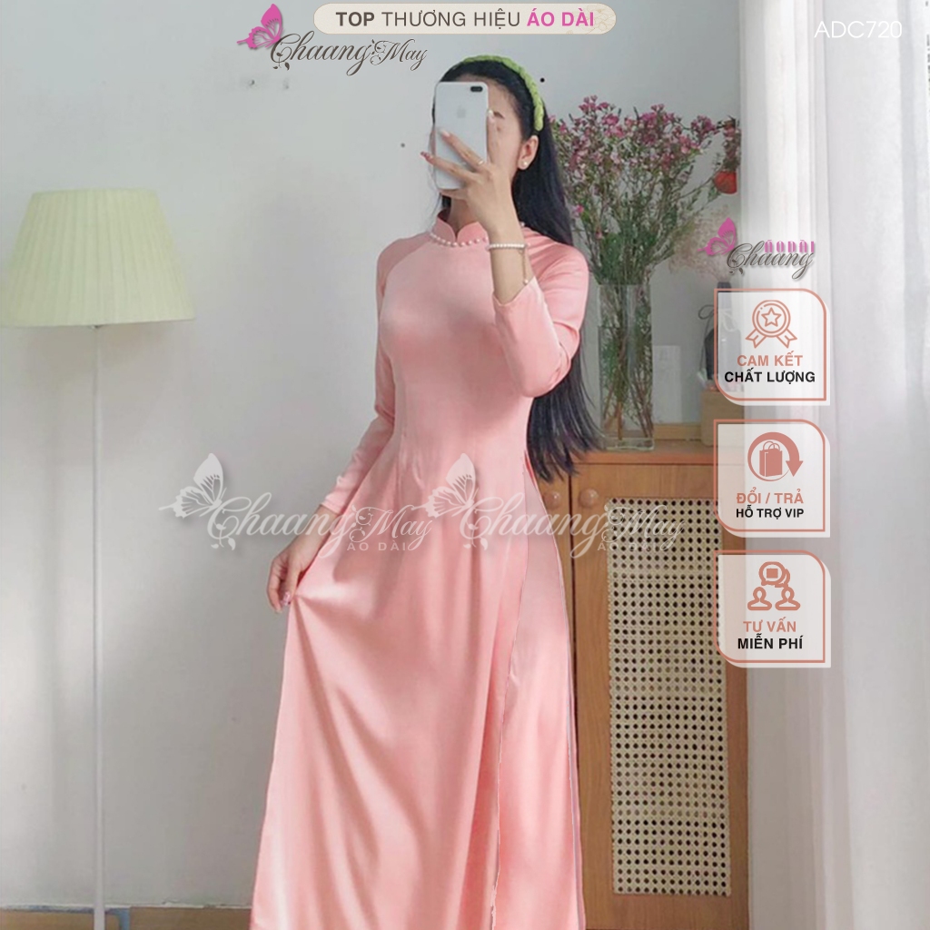 Áo dài hồng dâu pastel truyền thống Chaang may sẵn vải áo dài lụa đính cổ ngọc dự tiệc cưới hỏi lễ tết đẹp ADC720