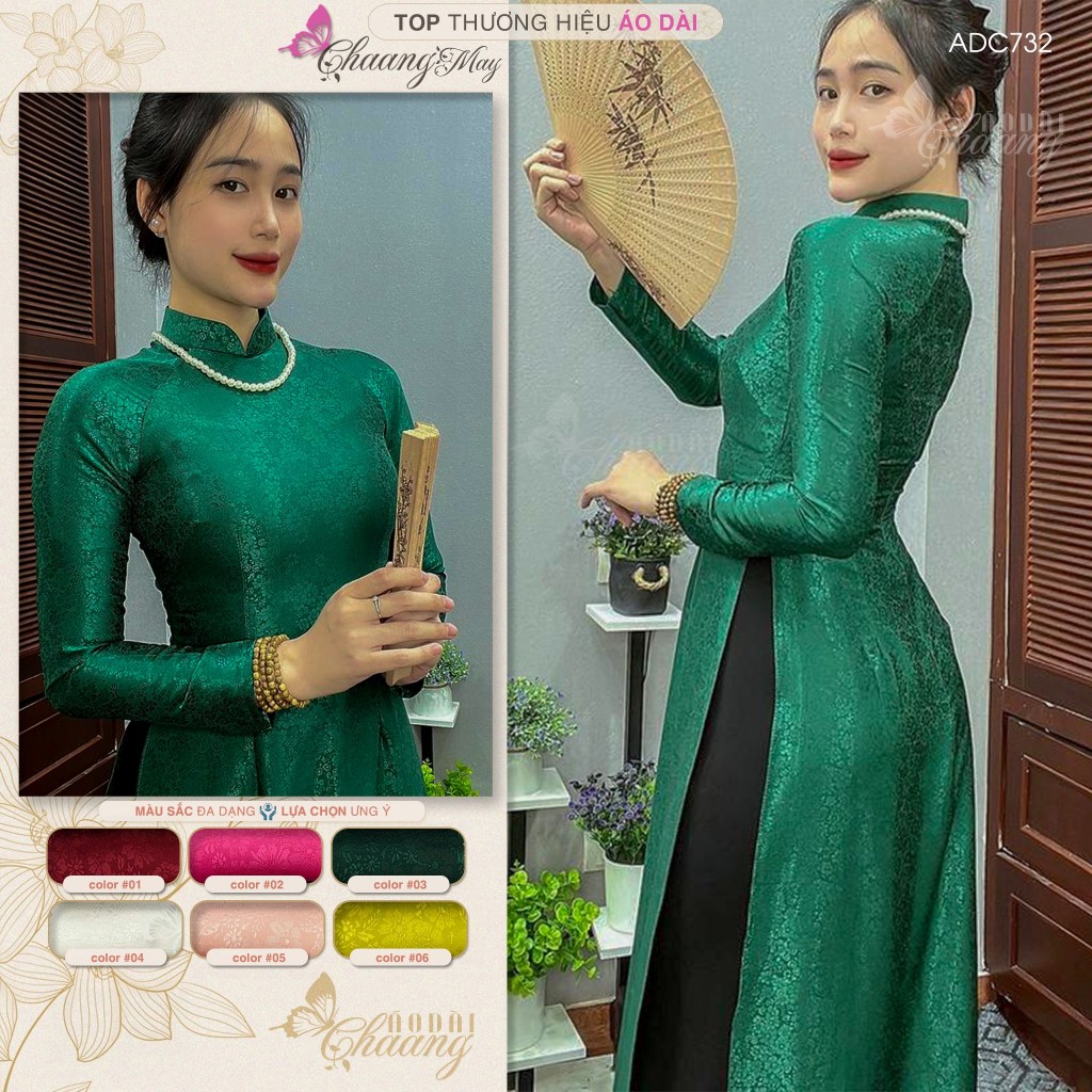Áo dài truyền thống gấm tơ xanh rêu Chaang may sẵn áo dài phù hợp trẻ trung niên dự tiệc cưới lễ tết đẹp ADC732