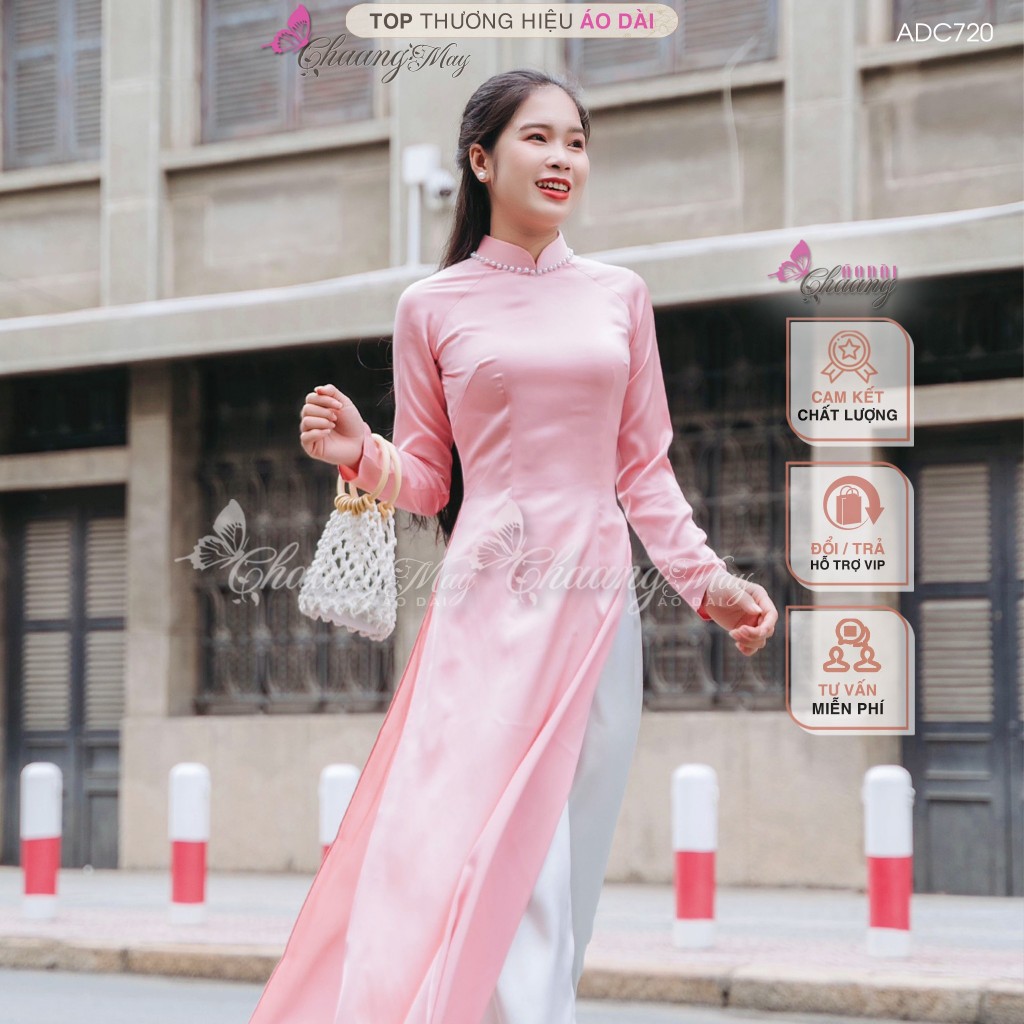 Áo dài hồng dâu pastel truyền thống Chaang may sẵn vải áo dài lụa đính cổ ngọc dự tiệc cưới hỏi lễ tết đẹp ADC720