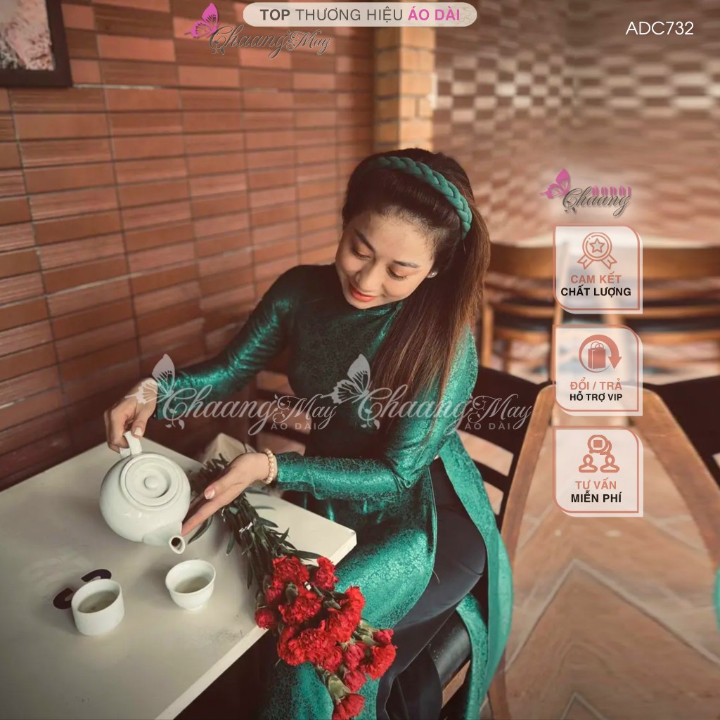 Áo dài truyền thống gấm tơ xanh rêu Chaang may sẵn áo dài phù hợp trẻ trung niên dự tiệc cưới lễ tết đẹp ADC732