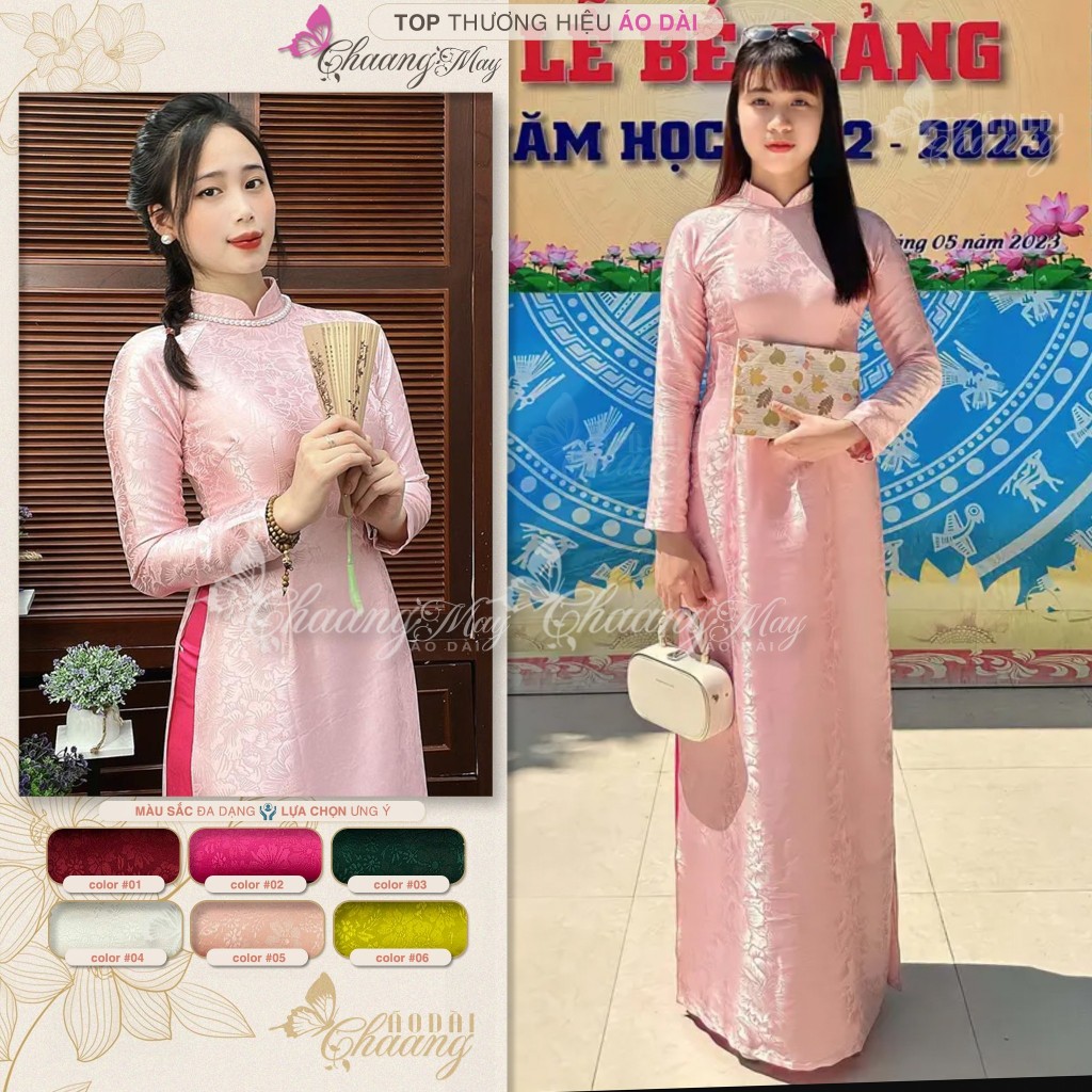 Áo dài truyền thống gấm tơ hồng phấn Chaang may sẵn áo dài phù hợp trẻ trung niên dự tiệc cưới lễ tết đẹp ADC733