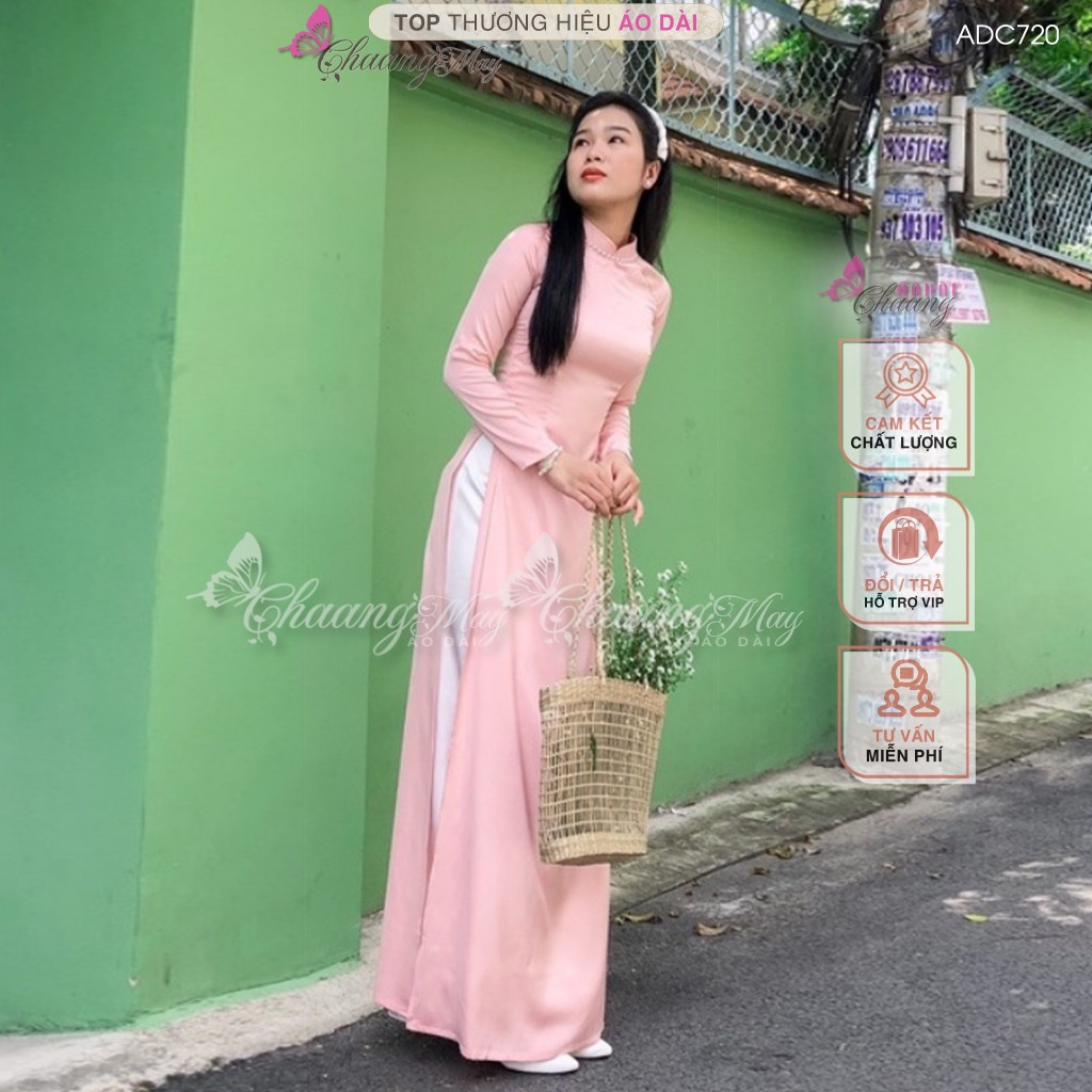 Áo dài hồng dâu pastel truyền thống Chaang may sẵn vải áo dài lụa đính cổ ngọc dự tiệc cưới hỏi lễ tết đẹp ADC720