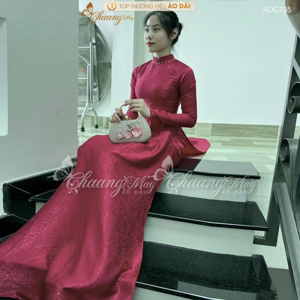 Áo dài gấm tơ đỏ đô tươi truyền thống Chaang may sẵn áo dài cô giáo trẻ trung niên dự tiệc cưới hỏi lễ tết đẹp ADC735