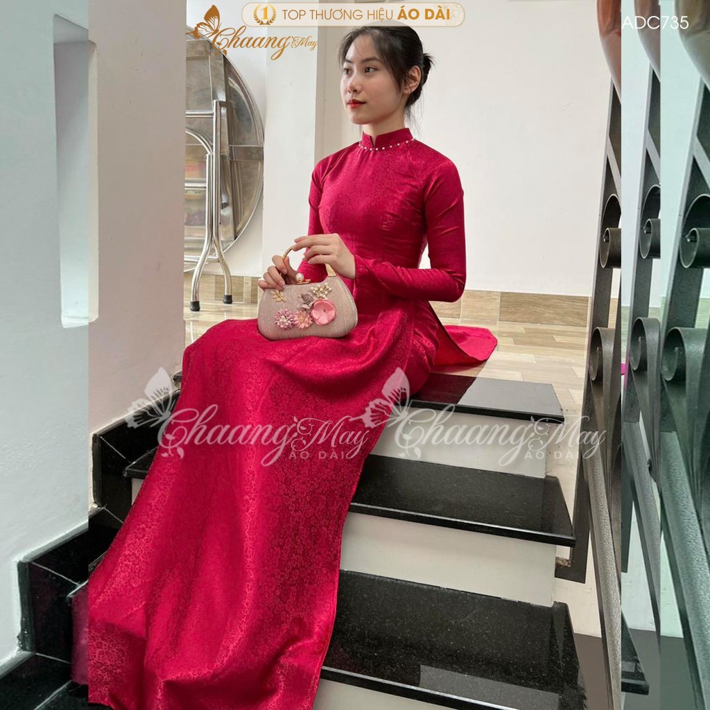 Áo dài gấm tơ đỏ đô tươi truyền thống Chaang may sẵn áo dài cô giáo trẻ trung niên dự tiệc cưới hỏi lễ tết đẹp ADC735