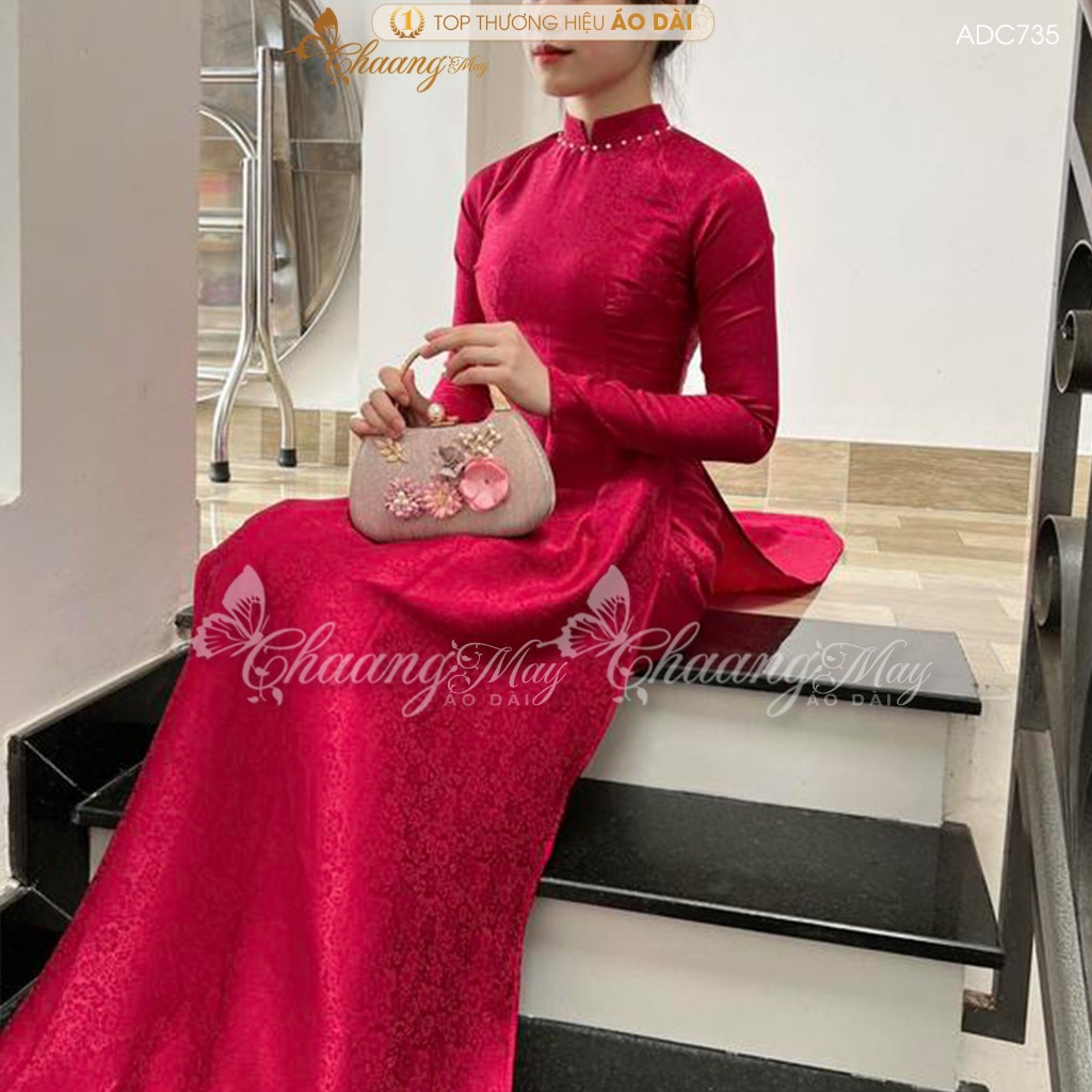Áo dài gấm tơ đỏ đô tươi truyền thống Chaang may sẵn áo dài cô giáo trẻ trung niên dự tiệc cưới hỏi lễ tết đẹp ADC735