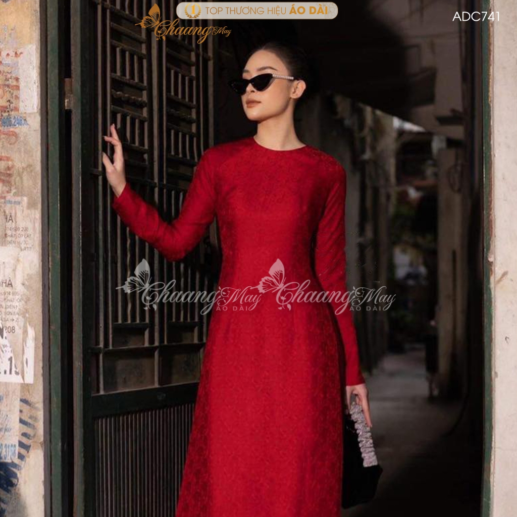 Áo dài truyền thống gấm tơ xanh lá Chaang may sẵn áo dài cổ tròn cô giáo trẻ trung niên dự tiệc cưới lễ tết đẹp ADC717