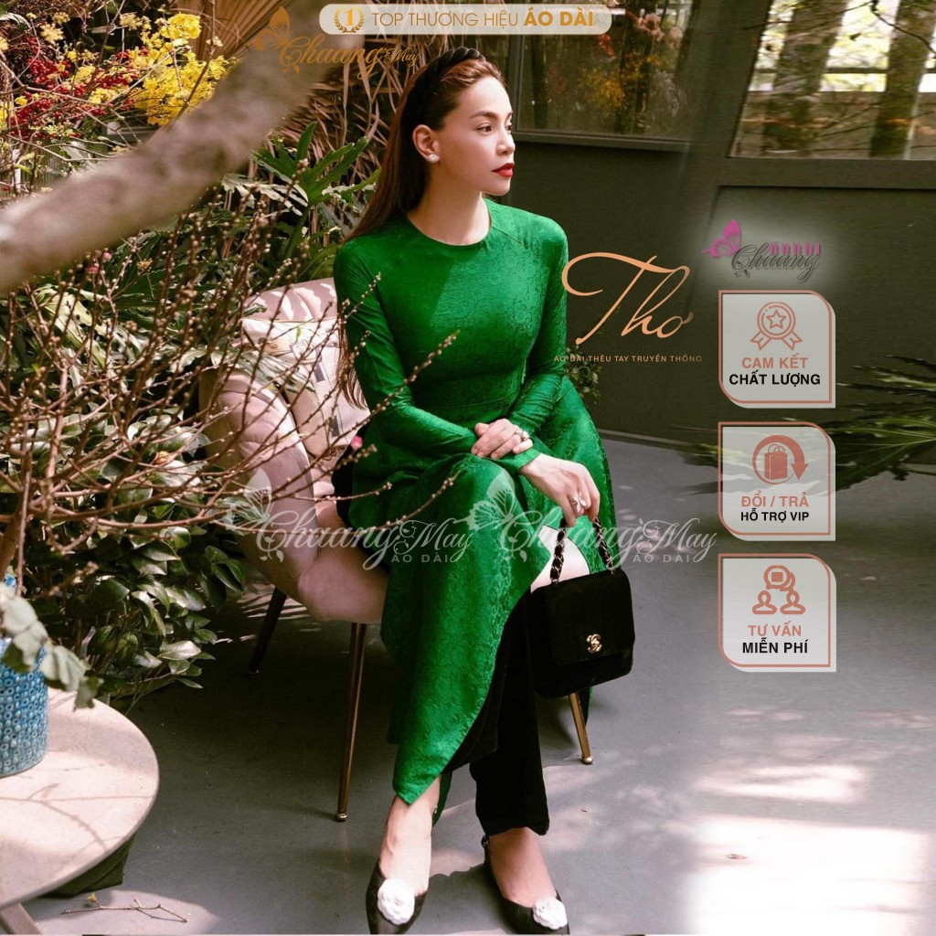 Áo dài truyền thống gấm tơ xanh lá Chaang may sẵn áo dài cổ tròn cô giáo trẻ trung niên dự tiệc cưới lễ tết đẹp ADC717