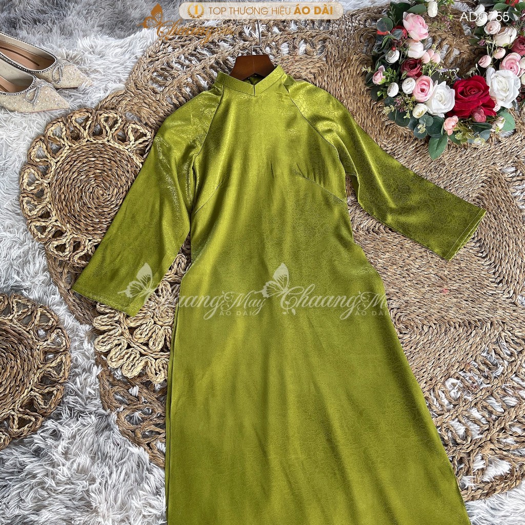 Áo dài cách tân nữ gấm xanh cốm dáng suông xưa Chaang may sẵn áo dài bầu xuông rộng dự tiệc cưới lễ tết đẹp ADC755